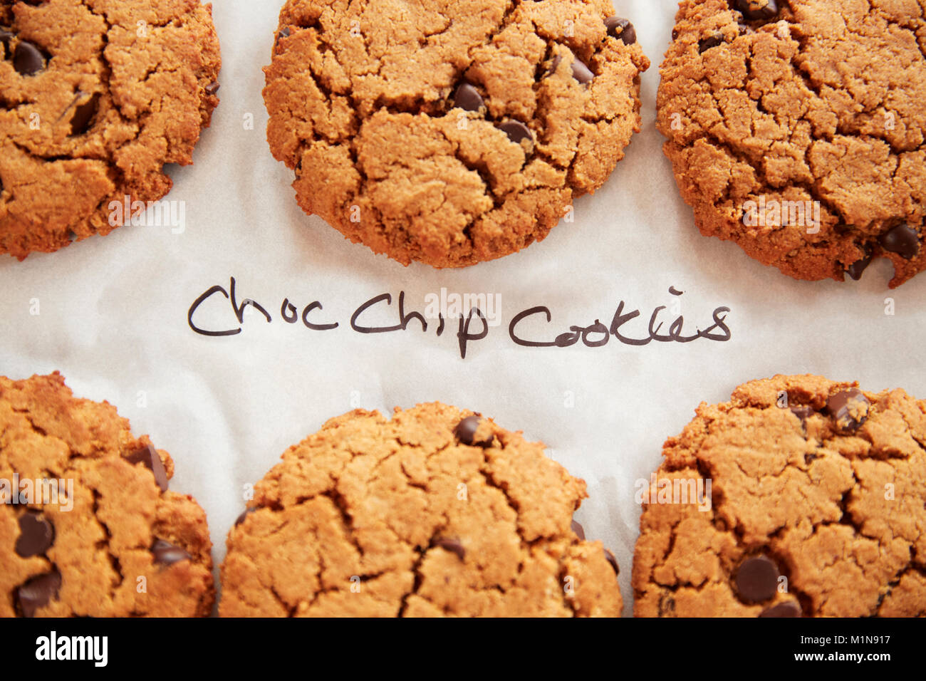 Anzeige der frisch gebackene Choc Chip Cookies im Coffee Shop Stockfoto