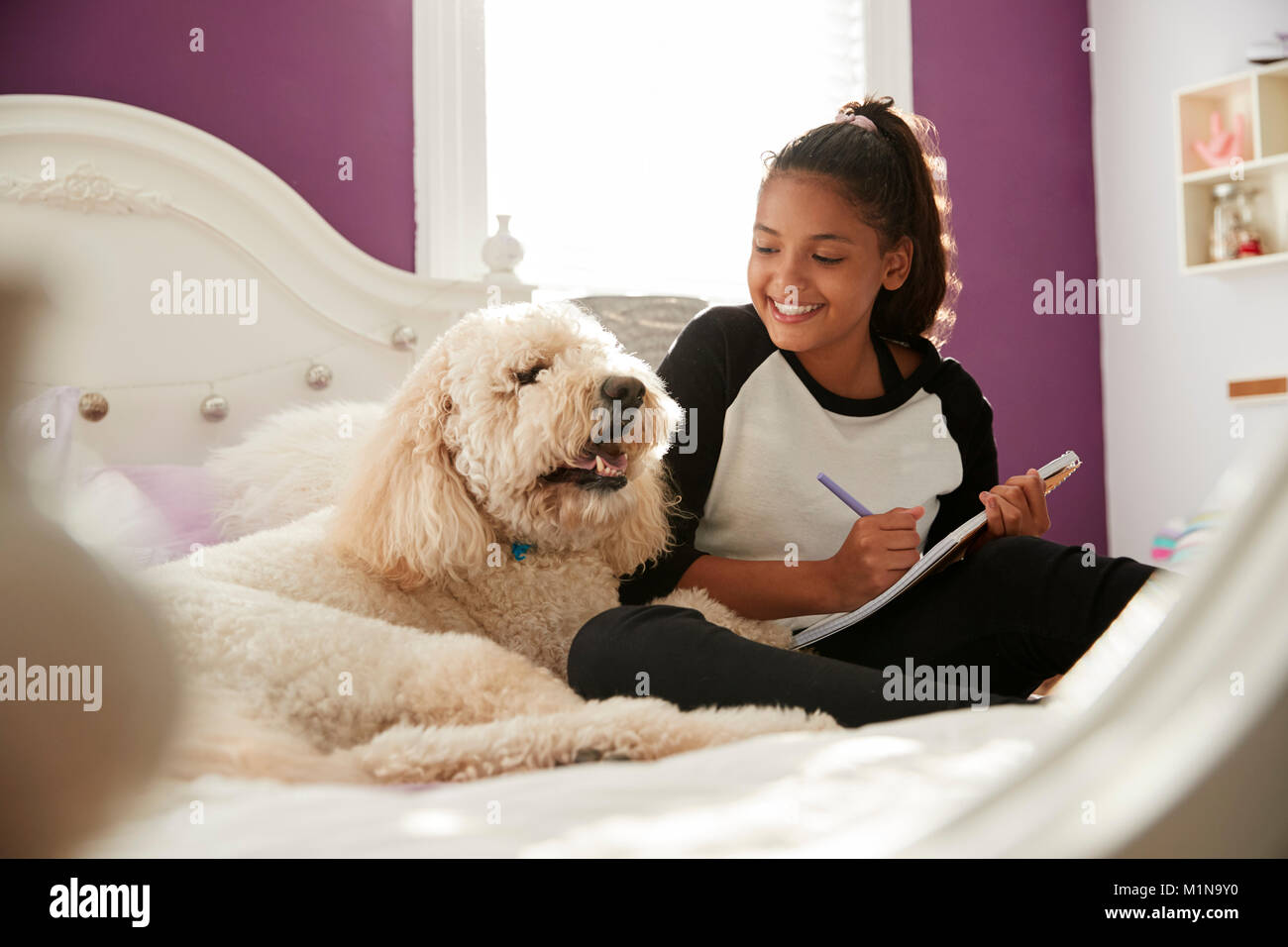 Junge jugendlich Mädchen Hausaufgaben auf ihr Bett mit Hund Stockfoto
