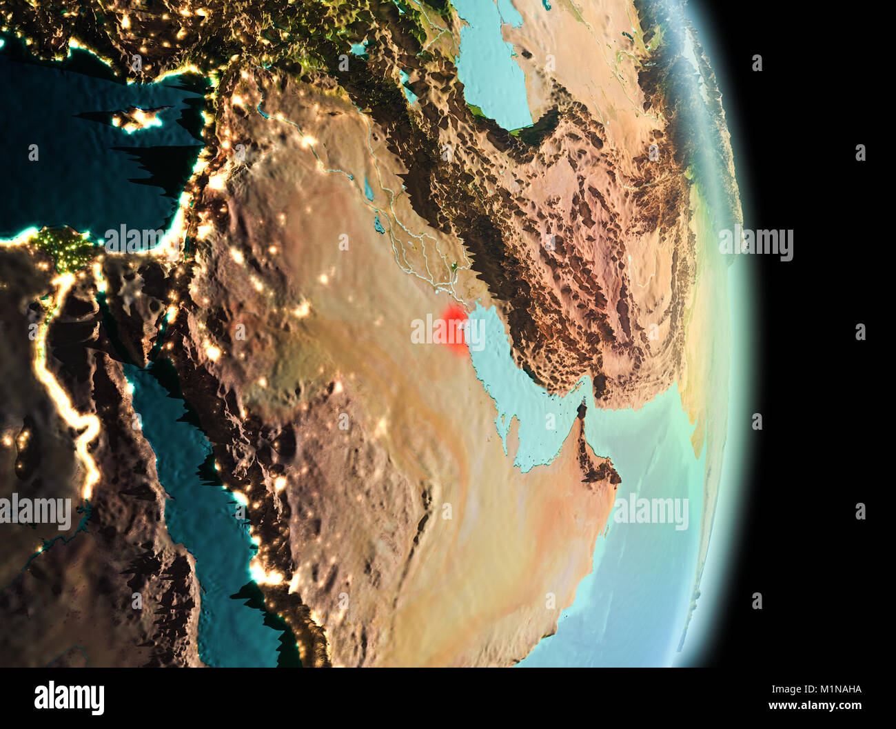 Am frühen Morgen Ansicht von Kuwait in Rot hervorgehoben auf dem Planeten Erde. 3D-Darstellung. Elemente dieses Bild von der NASA eingerichtet. Stockfoto