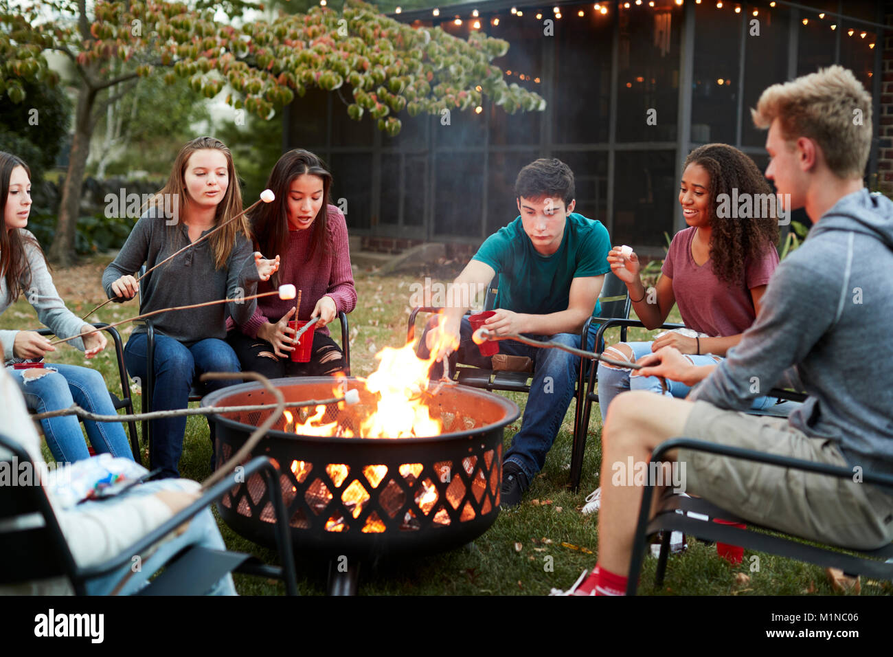 Teenage Freunde sitzen rund um ein Lagerfeuer toasten Marshmallows Stockfoto