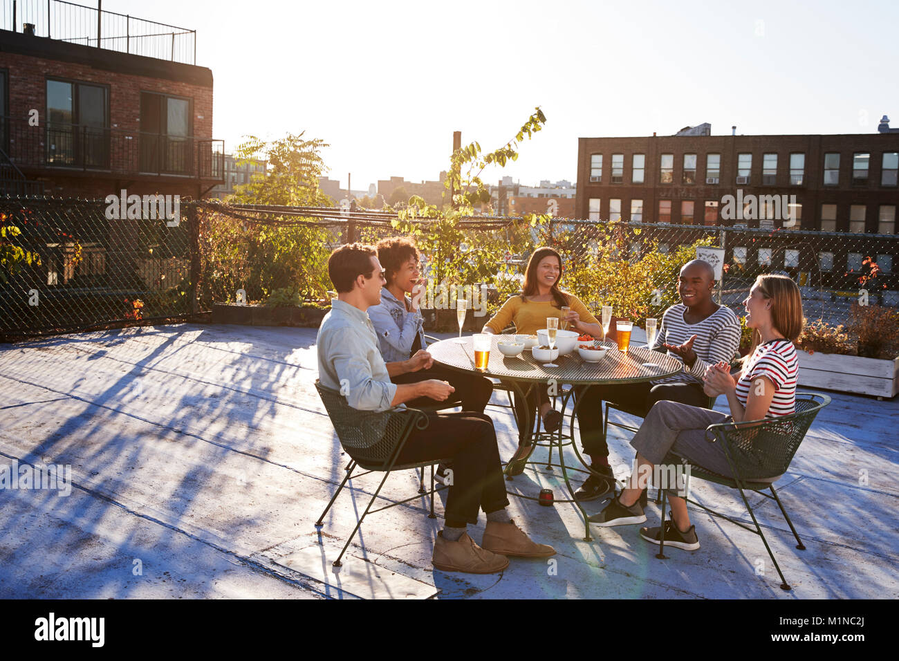 Fünf Freunde sitzen im Gespräch an einem Tisch auf einem New York Dachterrasse Stockfoto