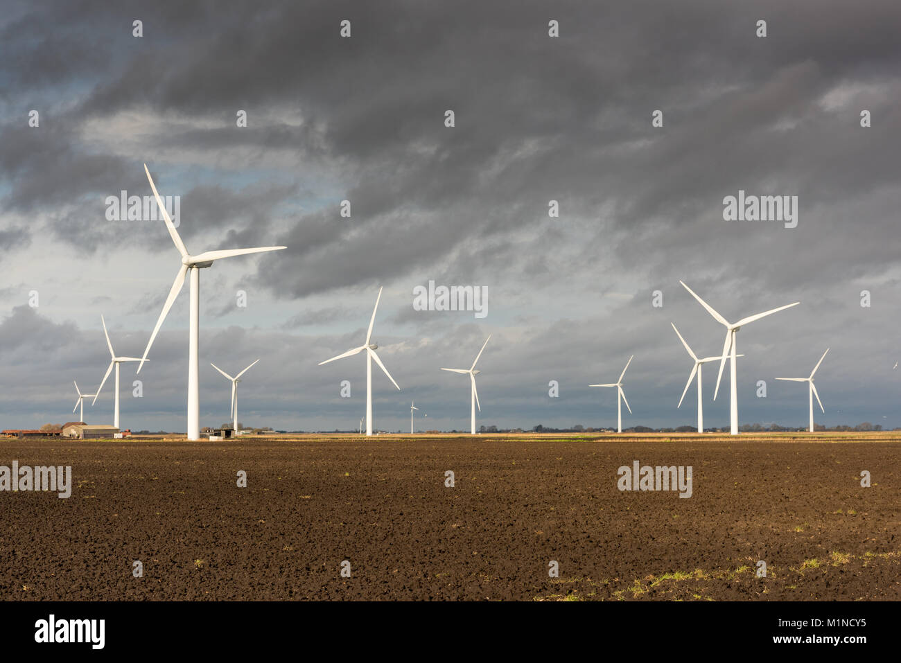 Windenergieanlagen in einem Windpark in der flachen Landschaft der moorlandzone Cambridgshire Warboys, Großbritannien mit einer dunklen stürmischen Himmel Stockfoto