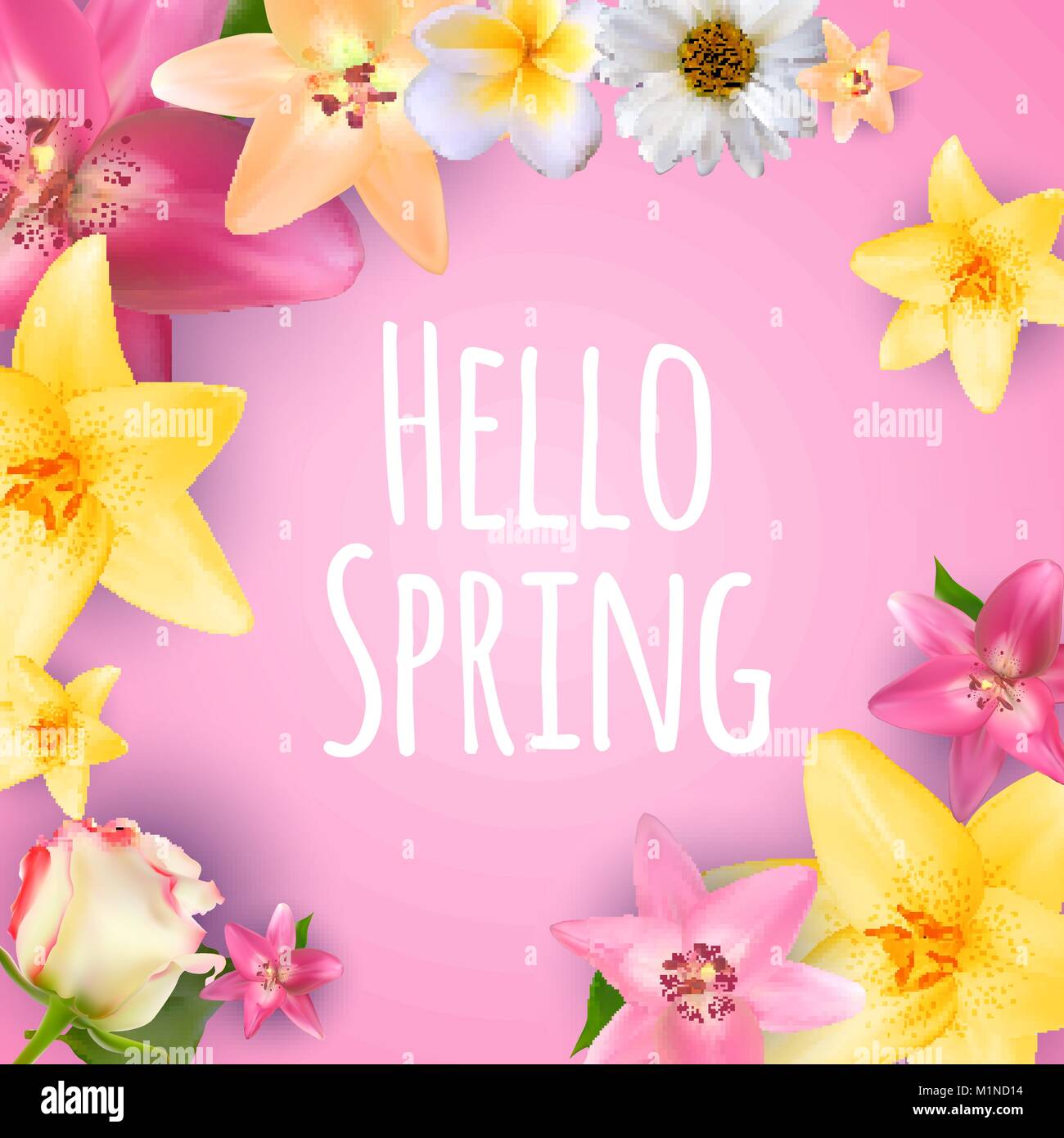 Hallo Frühling Banner Grüße Design Hintergrund mit bunten Blumen Elemente. Vector Illustration Stock Vektor