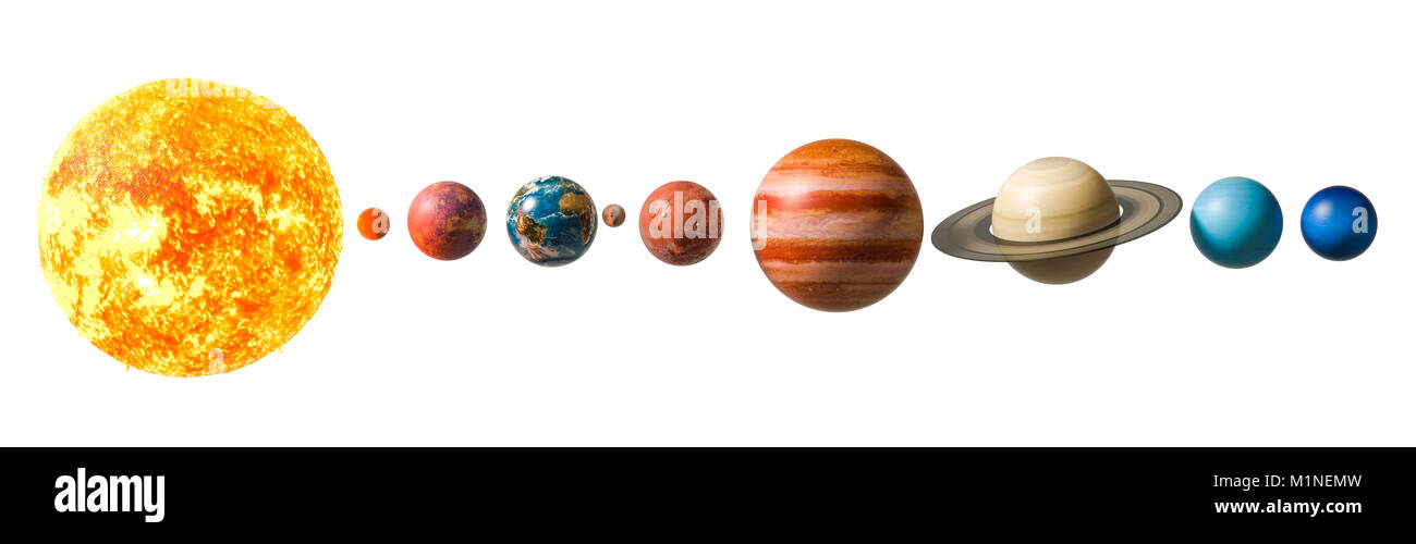 Planeten des Sonnensystems, 3D-Rendering auf weißem Hintergrund Stockfoto