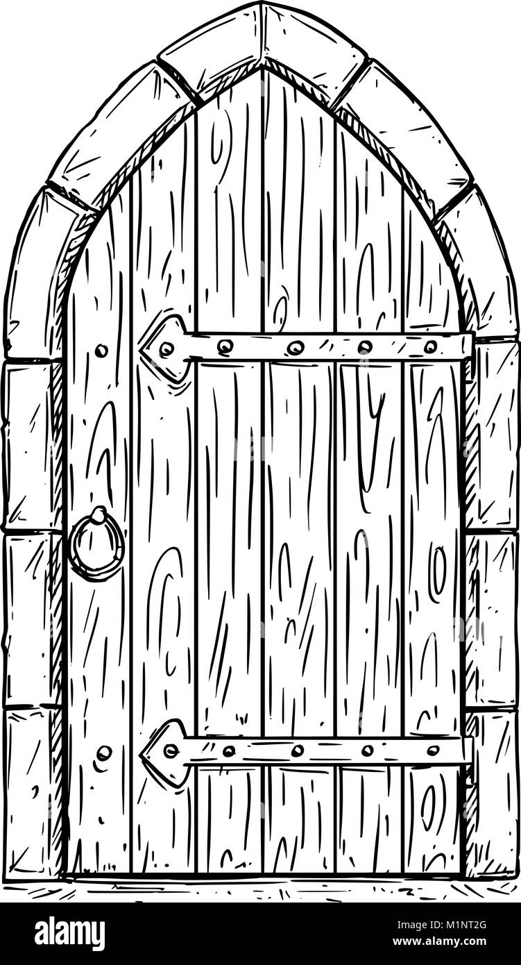 Cartoon Vektor Zeichnung der Holz- Mittelalterliche Tür geschlossen oder verriegelt Stock Vektor