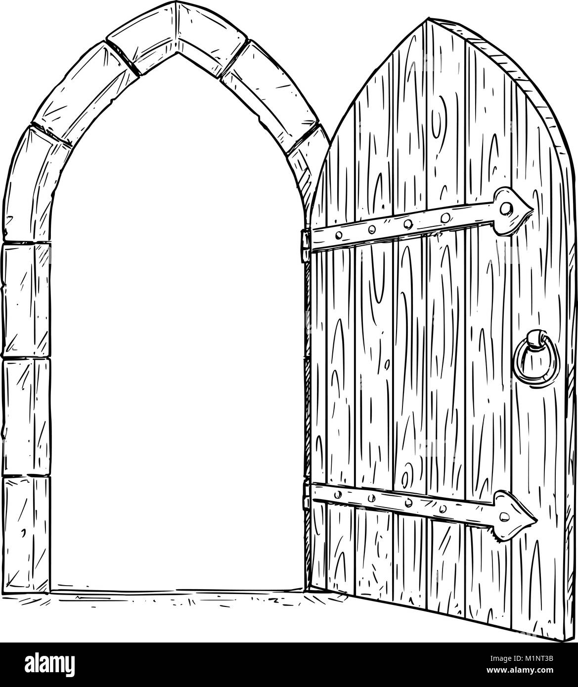Cartoon Vektor-zeichnung offene Holz- Mittelalterliche Entscheidung Tür  Stock-Vektorgrafik - Alamy