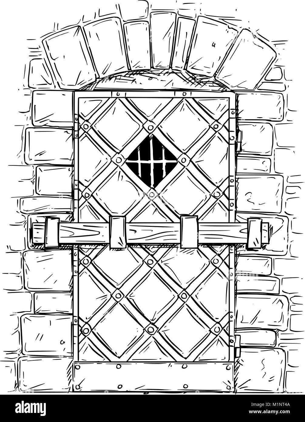 Cartoon Vektor Zeichnung der Holz- Mittelalterliche Tür geschlossen durch Verriegelung Stock Vektor