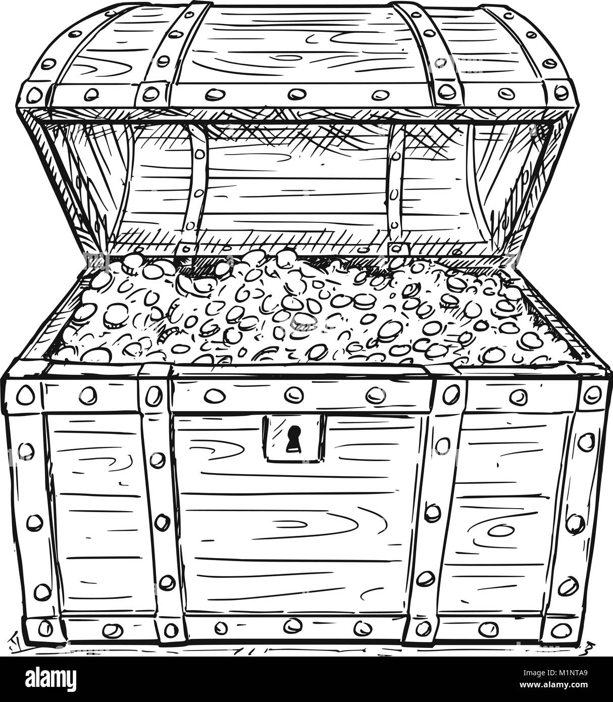 Cartoon Vektor Zeichnung der Alten offenen Piraten Schatztruhe mit Goldmünzen in Stock Vektor