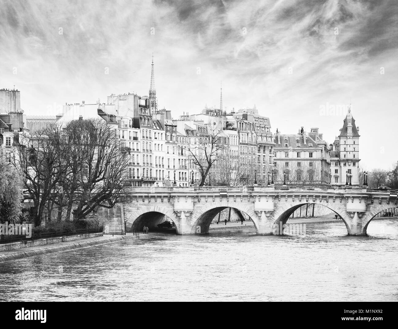 Pont Neuf in Paris, Frankreich. Der Pont Neuf, die älteste Brücke über die Seine in Paris. Schwarz und Weiß. Rauschen hinzugefügt Stockfoto