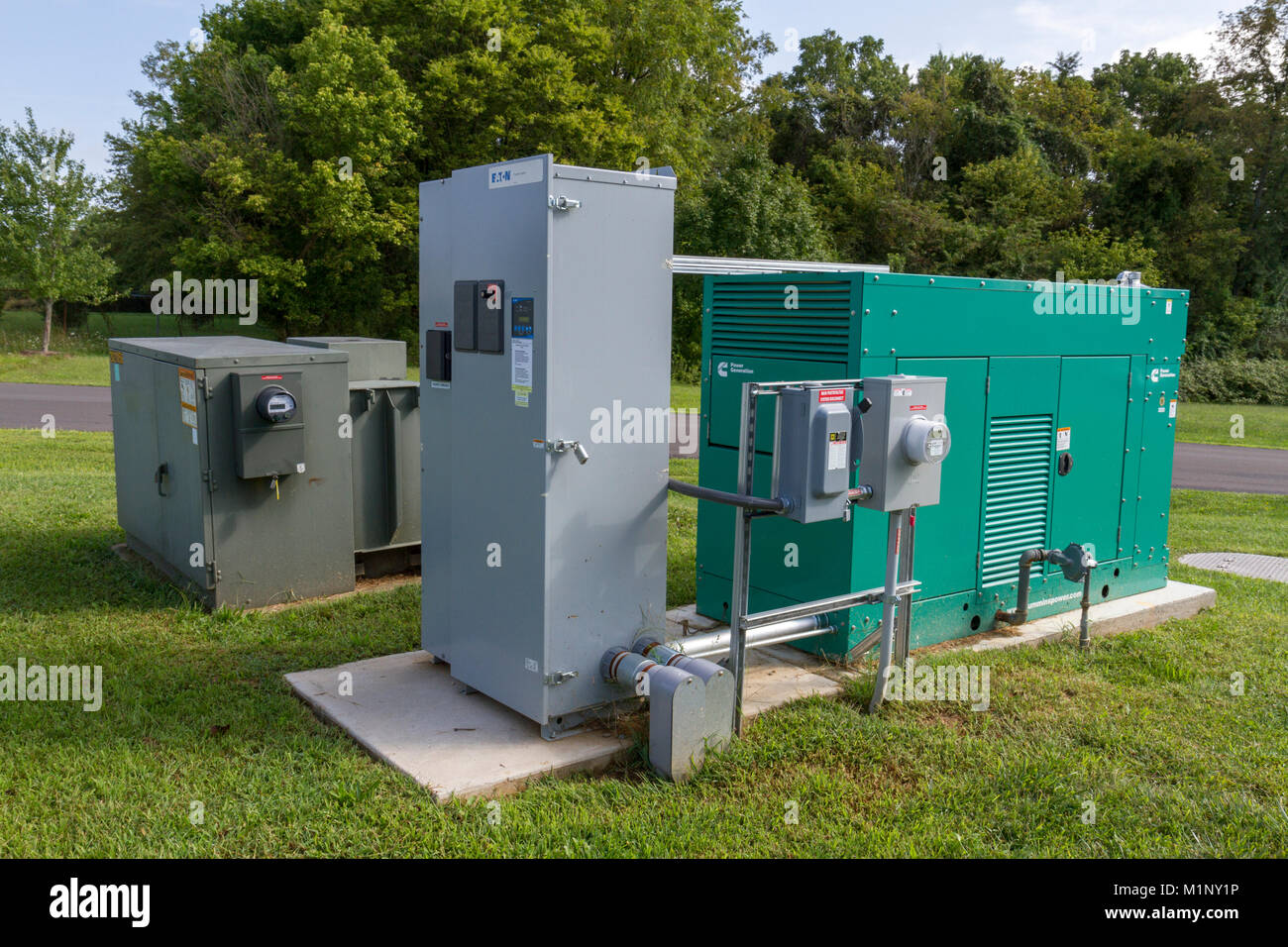 Ein Cummins 125 kW stationär Gas Generator und Eaton Transfer Switch, Monocacy nationales Schlachtfeld, Frederick, MD, USA Stockfoto