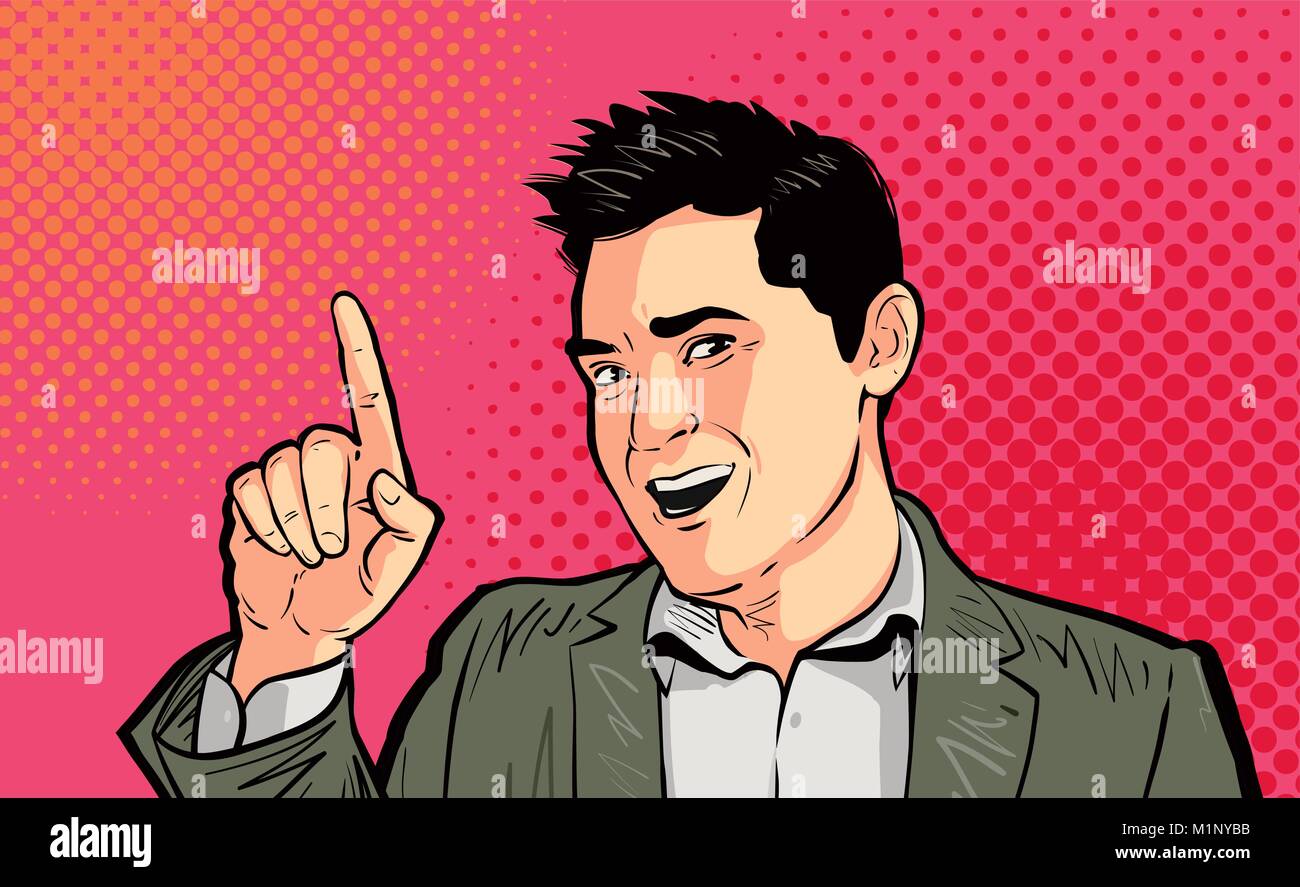 Geschäftsmann oder lustiger Kerl Zeigefinger pop art Retro. Cartoon Vector Illustration Stock Vektor