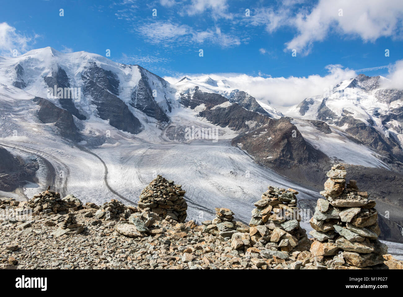 Übersicht der Diavolezza und Pers Gletscher und Piz Palu, St. Moritz, Kanton Graubünden, Engadin, Schweiz, Europa Stockfoto