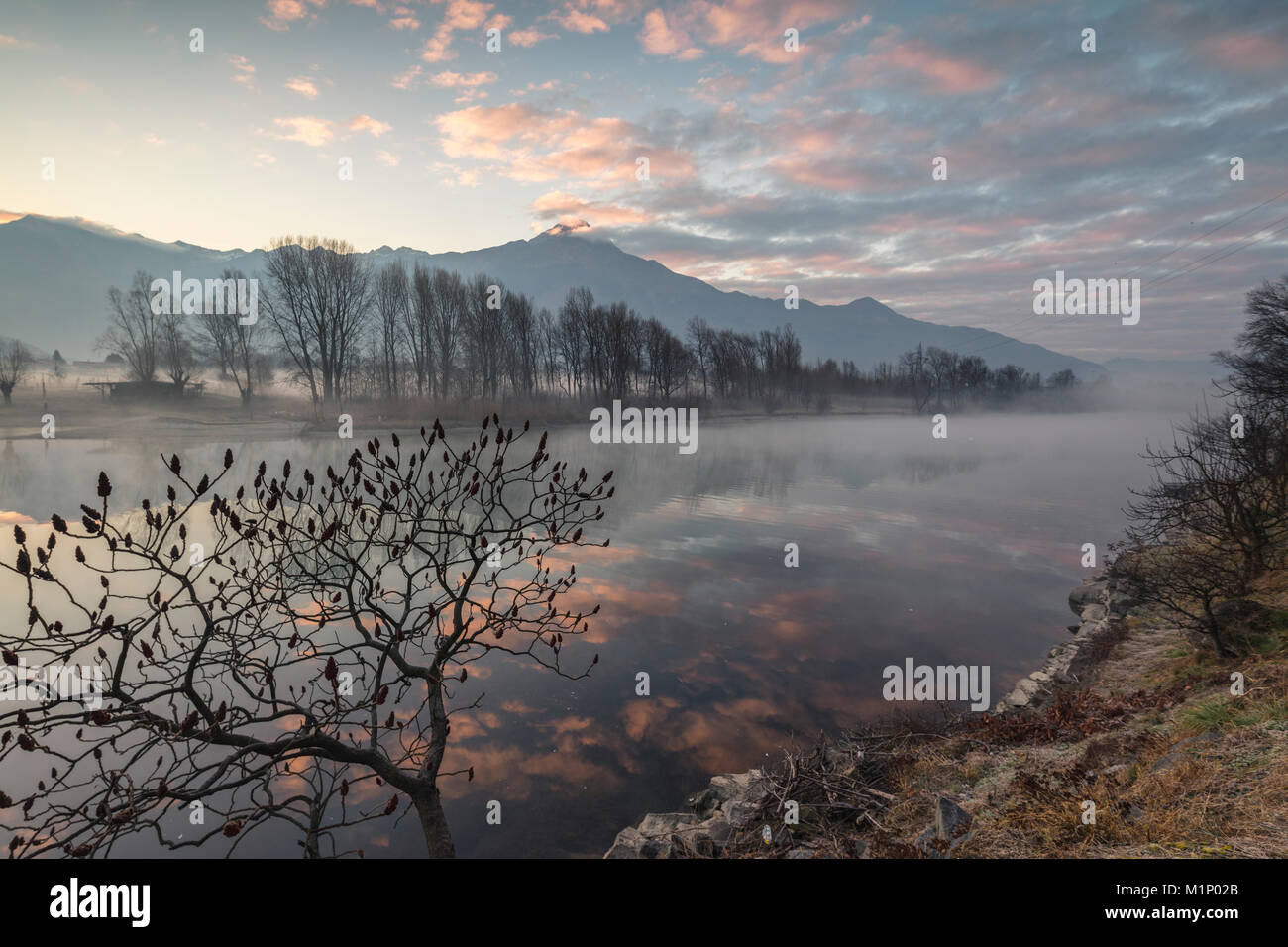 Wolken im Fluss Mera in der Morgendämmerung, Sorico, Provinz Como, untere Veltlin, Lombardei, Italien, Europa Stockfoto