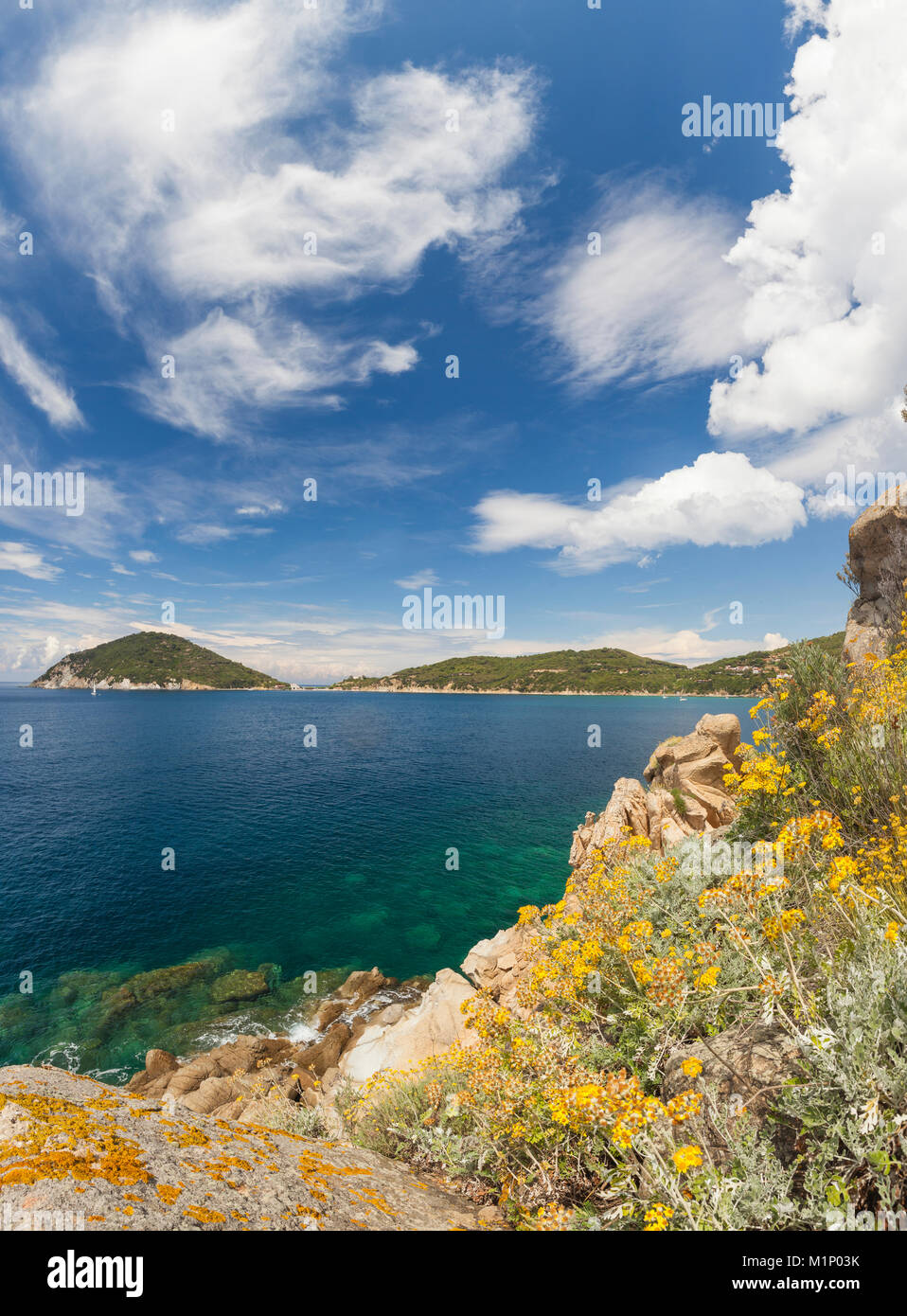 Panoramablick auf das blaue Meer, den Golf von Procchio, Marciana, Insel Elba, Livorno Provinz, Toskana, Italien, Europa Stockfoto