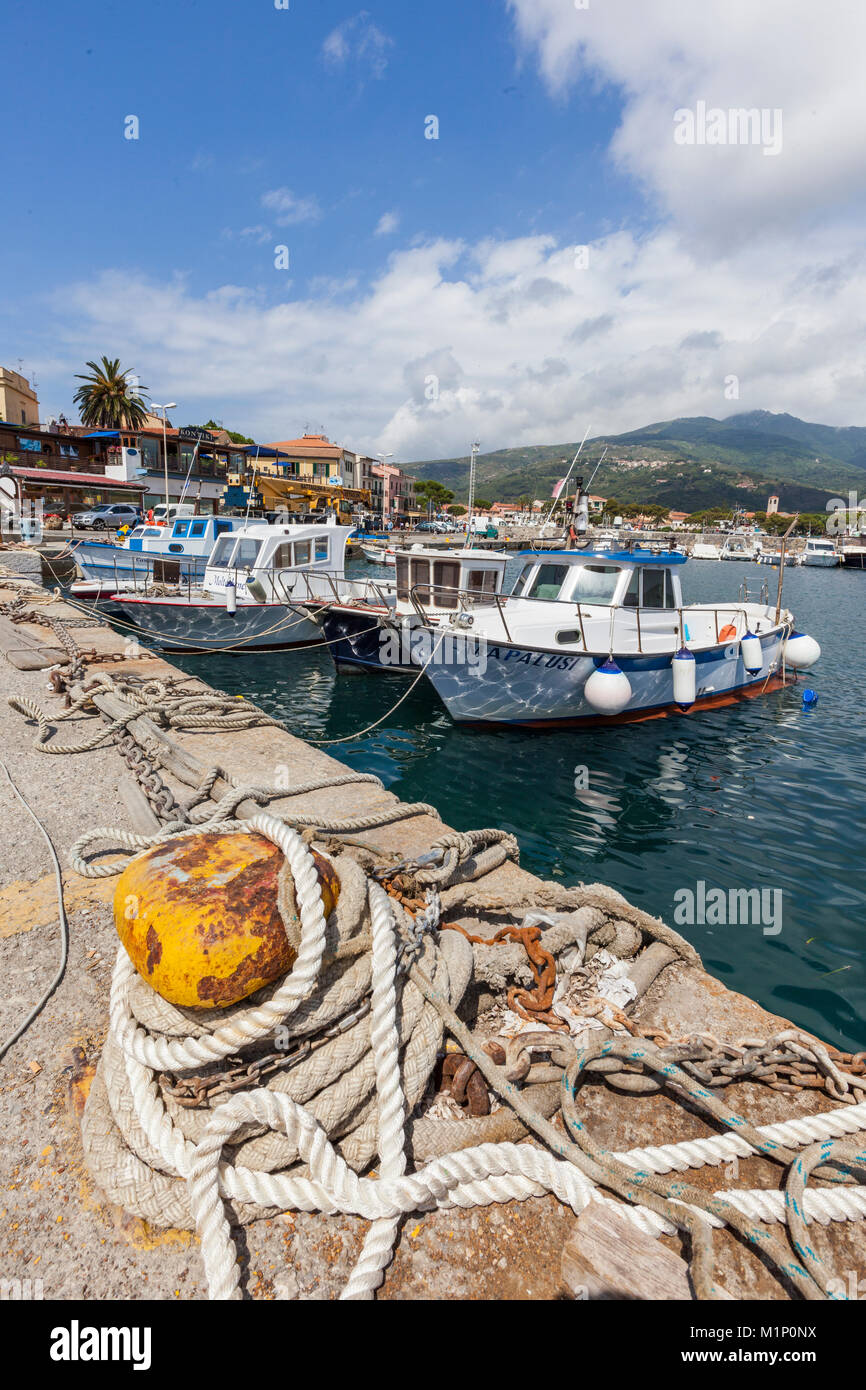 Boote im Hafen, Marina di Campo, Insel Elba, Livorno Provinz, Toskana, Italien, Europa Stockfoto