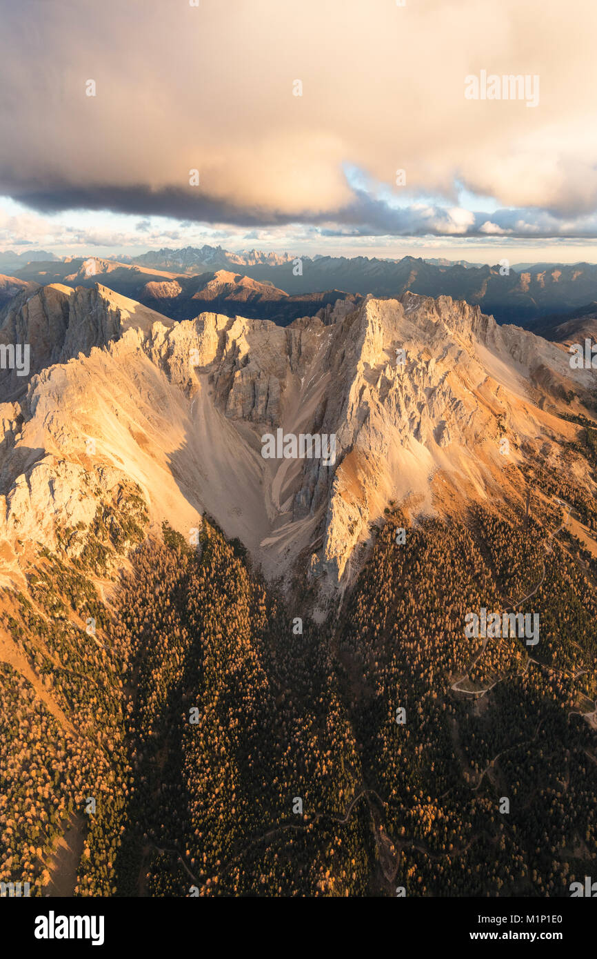 Luftaufnahme von Holz auf dem Bergrücken des Latemar massiv, Dolomiten, Südtirol, Italien, Europa Stockfoto