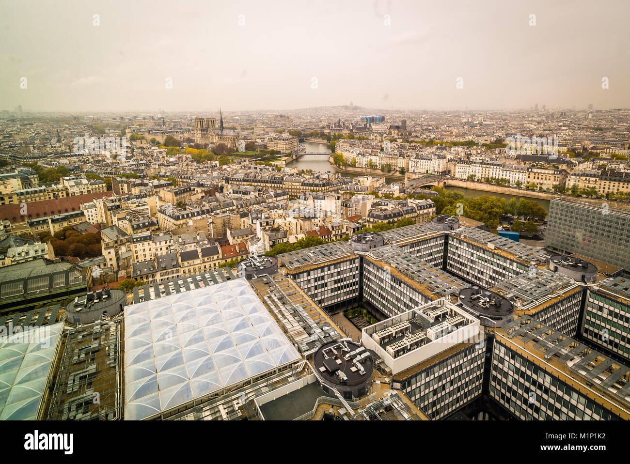Der Pariser Universität Jussieu mit Paris im Hintergrund Stockfoto