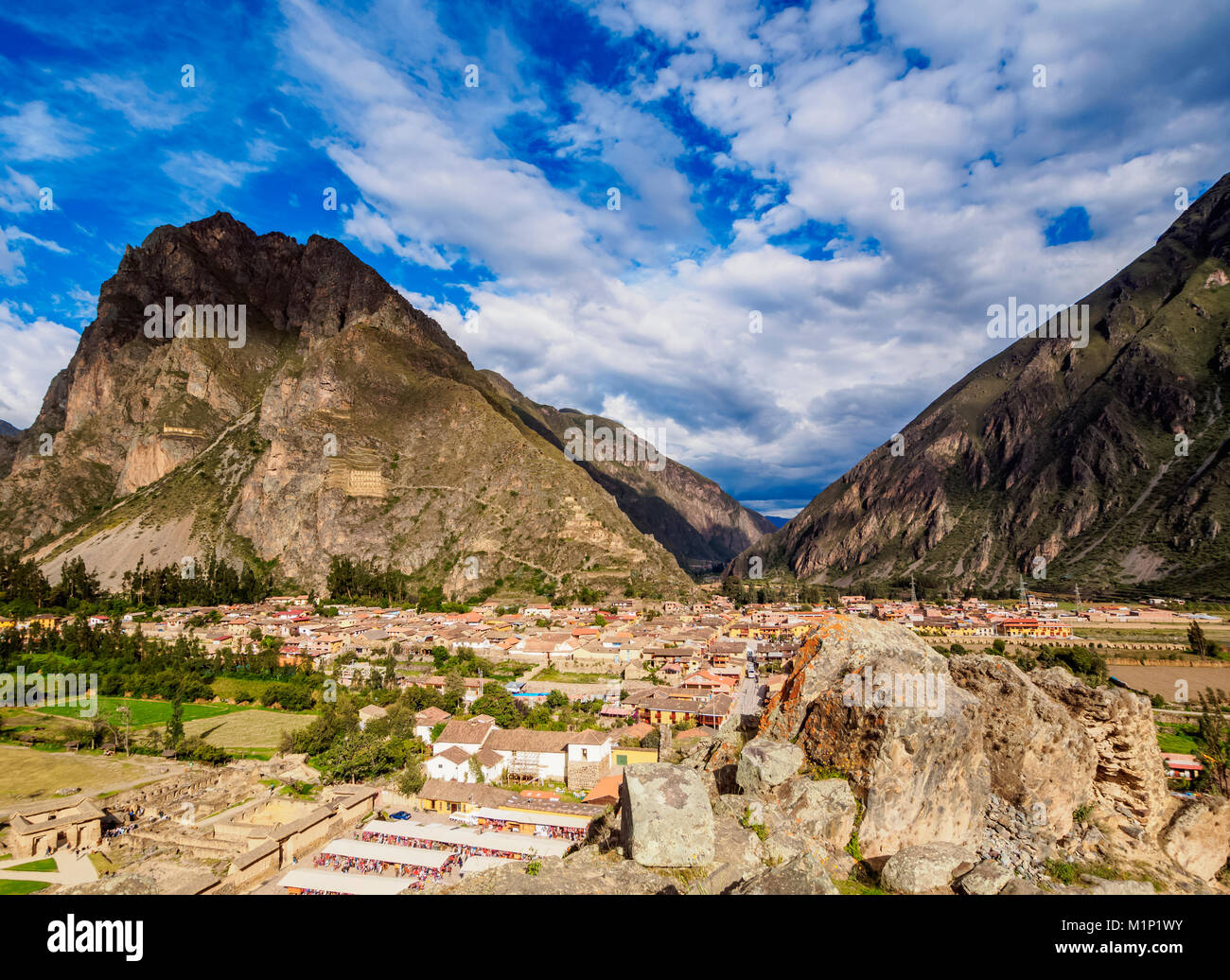 Ollantaytambo, Erhöhte Ansicht, das Heilige Tal, Cusco Region, Peru, Südamerika Stockfoto