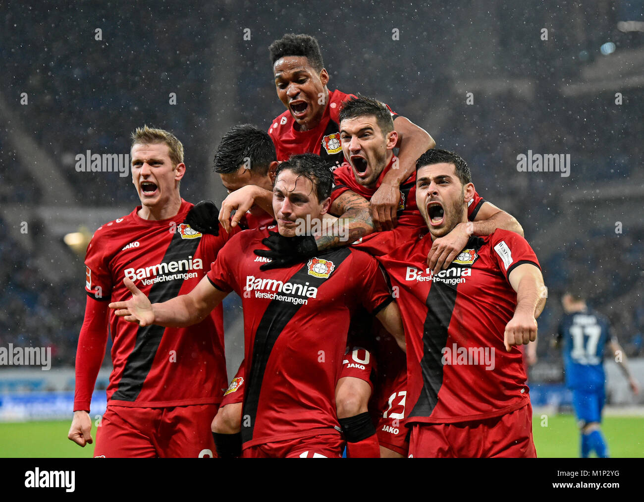 Ziel Celebration von Fußball-Spieler von Bayer Leverkusen, WIRSOL Rhein-Neckar-Arena, Hoffenheim, Baden-Württemberg, Deutschland Stockfoto