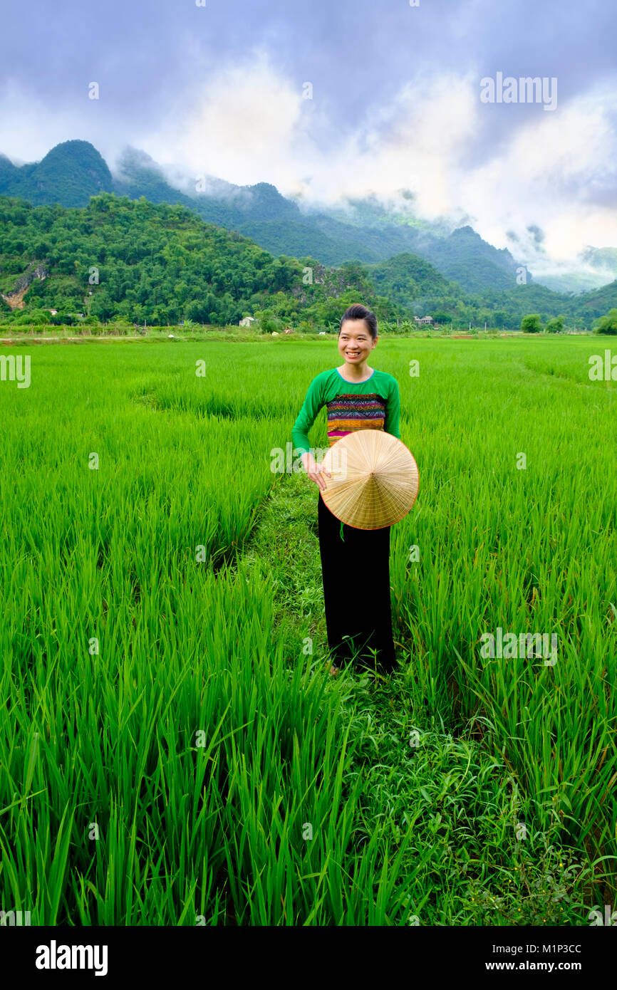 Lokale weiße Tai indigene Frau in traditioneller Kleidung in Reisfeldern, Mai Chau, Hoa Binh, Vietnam, Indochina, Südostasien, Asien Stockfoto