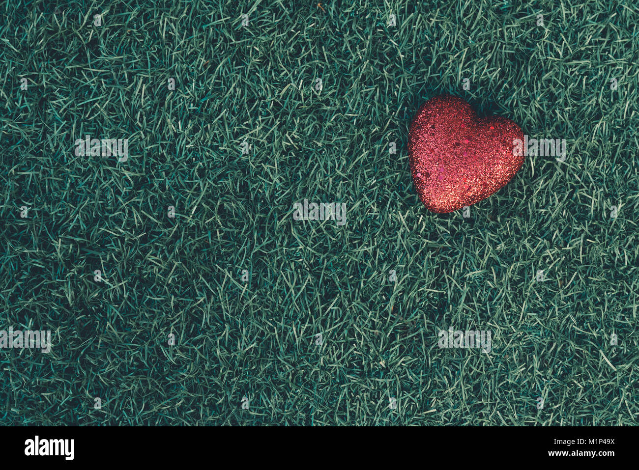 Rotes Herz auf grünem Gras lassen Platz für Text und Nachrichten auf der linken Seite Stockfoto