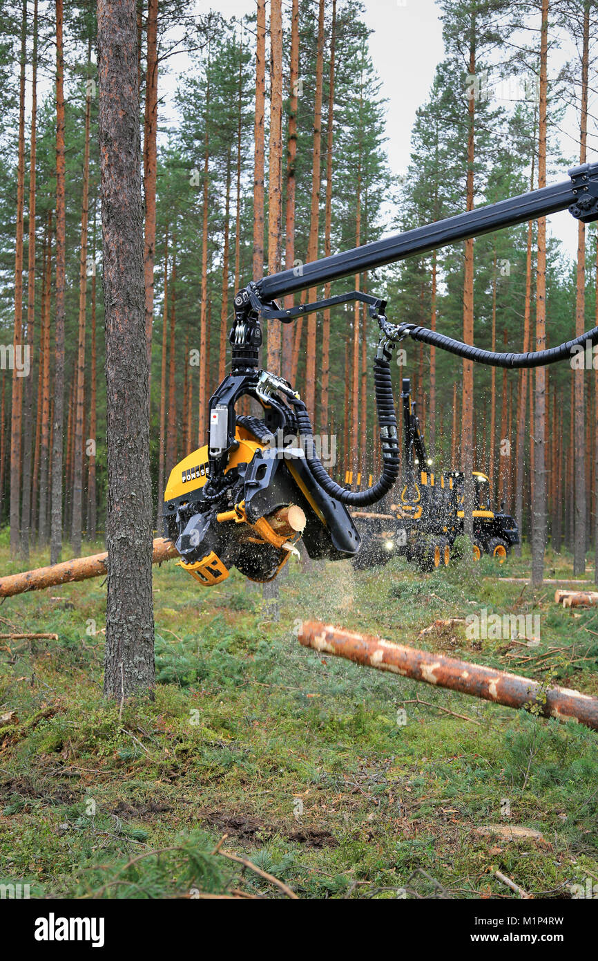 JAMSA, Finnland - 30. AUGUST 2014: harvester Ponsse Ergo 8 W Schneiden von Holz. Ponsse präsentiert seine neue Baureihe 2015 FinnMETKO 2014. Stockfoto