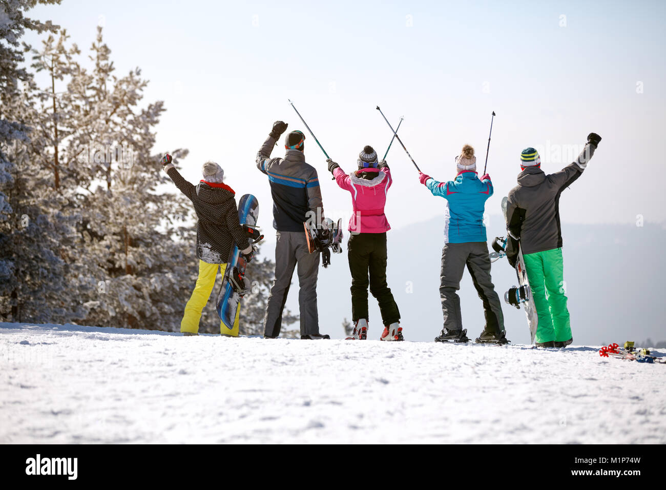 Rückansicht der Gruppe männliche und weibliche Skifahrer mit Ski Stöcke bis in die Berge Stockfoto