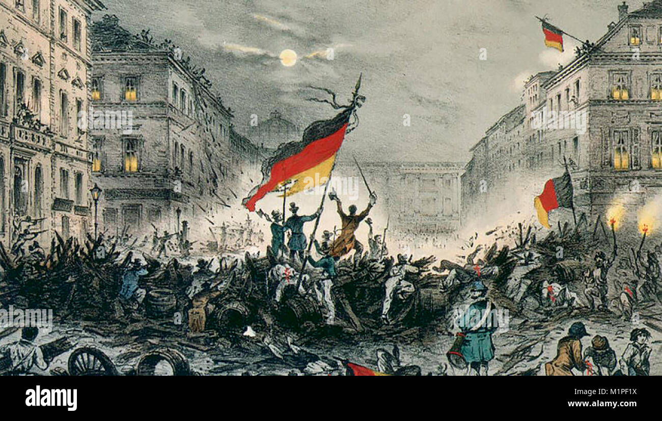 Ikonische Bild der Revolution in Berlin 1848. In der Malerei kann man recongnize in der Mitte und am unteren Rand der Flagge des monarchistischen Revolutionäre. Sie wollten ein vereintes Deutschland mit einem monarchen an der Spitze. Auf der rechten Seite kann man zwei Fahnen der republikanischen Revolutionäre. Sie wollten eine Republik auf dem französischen Beispiel basieren und daher ihre Fahne mit vertikalen Streifen gebaut, im Stil der französischen Trikolore. Stockfoto