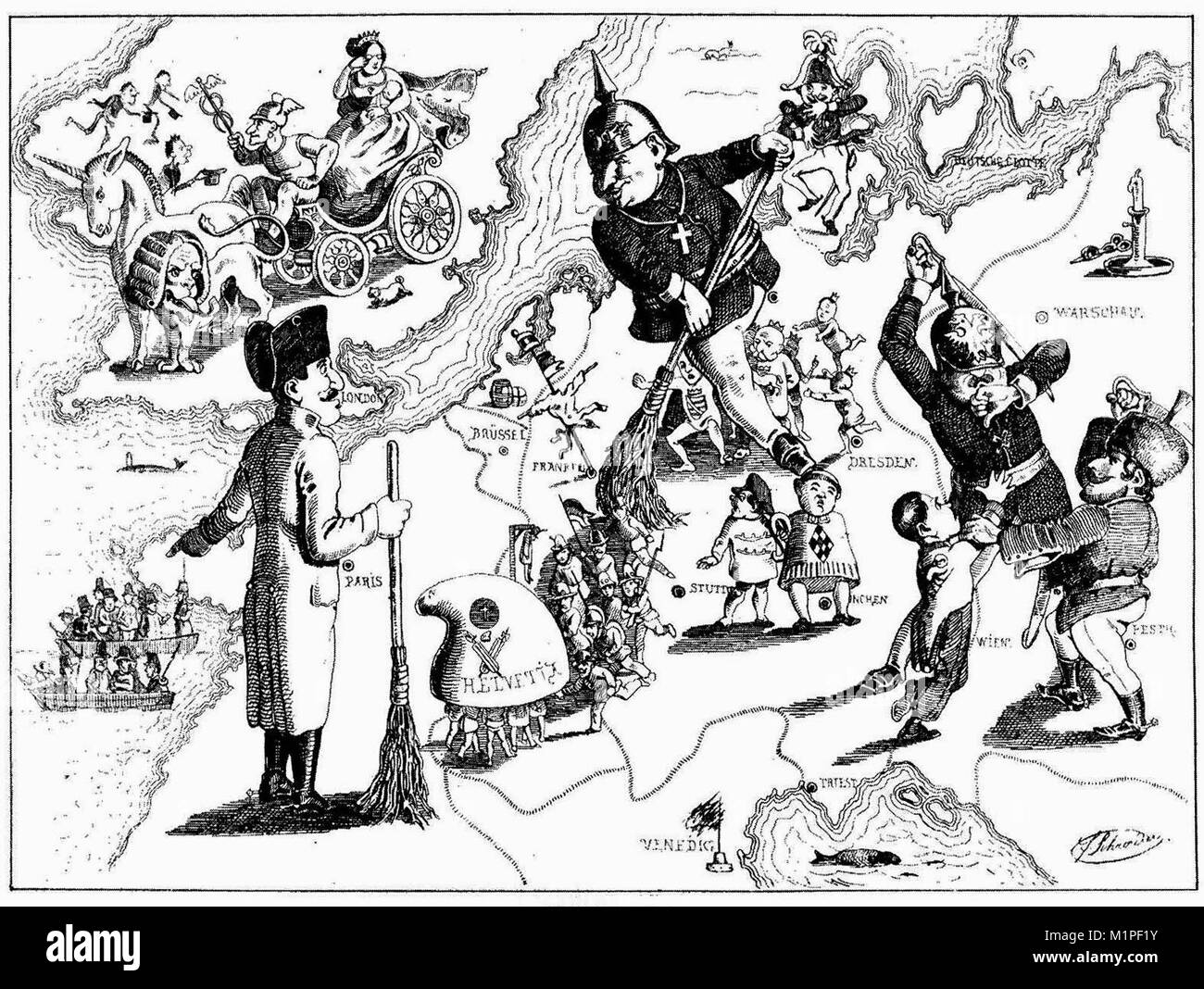 Eine Karikatur von Ferdinand Schröder über die Niederlage der Revolutionen von 1848/49 in Europa Stockfoto