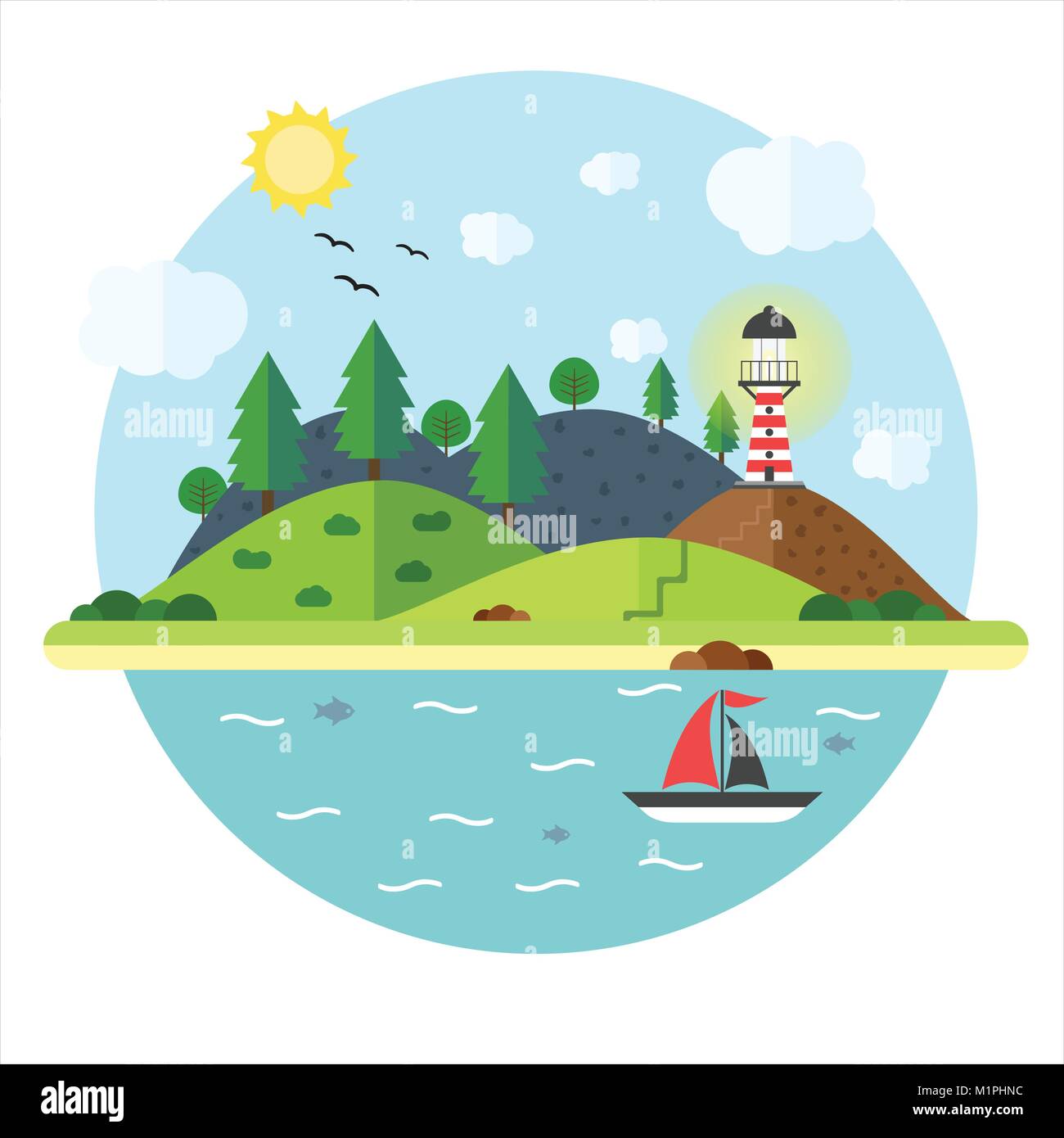 Ferienhäuser im Meer mit Leuchtturm, Berg, Baum, Berg, Fisch und Segelschiff. Sommer Urlaub Reise Konzept. Abbildung: im flachen Stil. Trav Stock Vektor