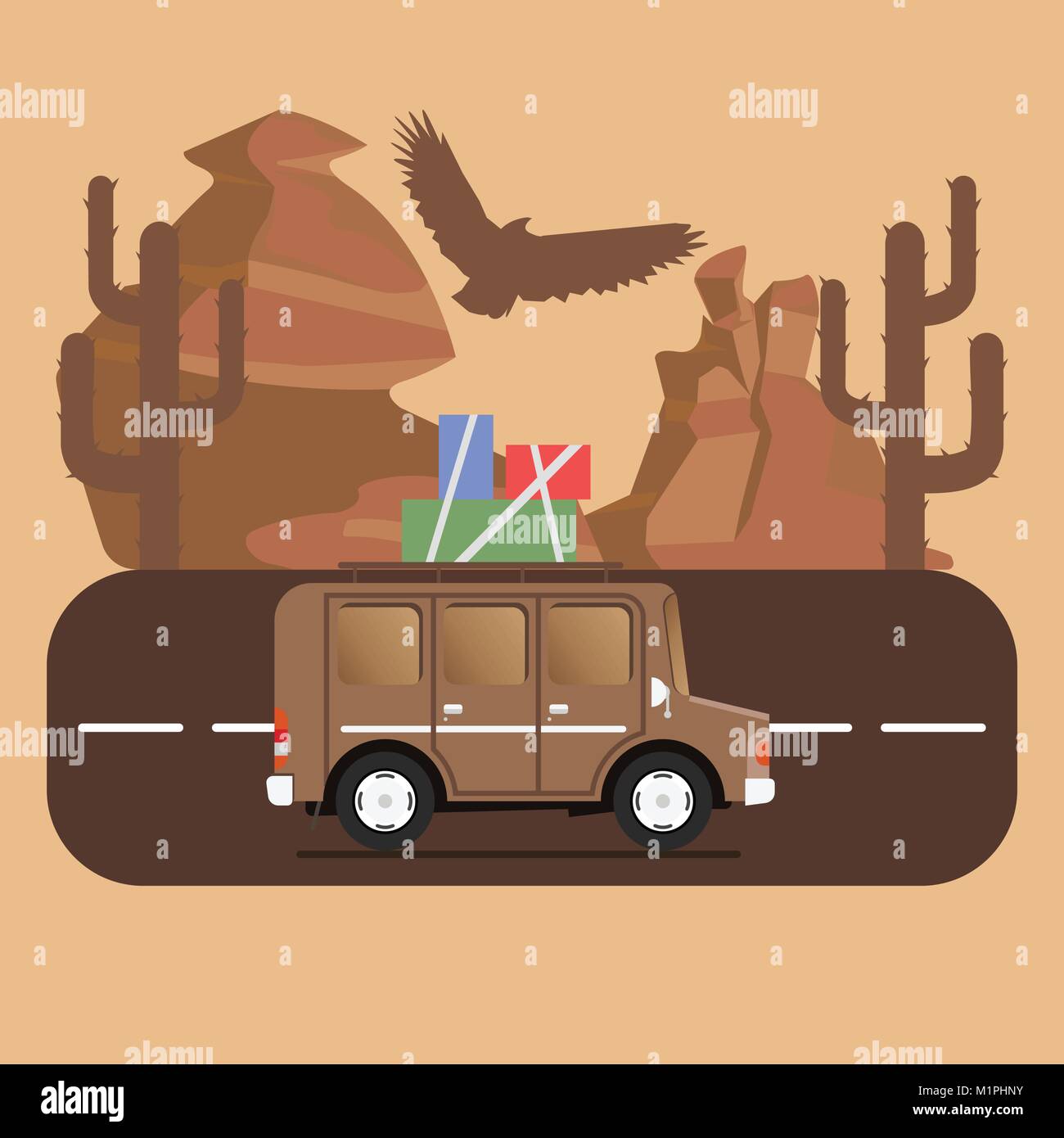 Reisen auto Camping Platz Landschaft. Berge, Wüste, Kaktus, Adler und auf der Straße. Vector Illustration im flachen Stil. Stock Vektor