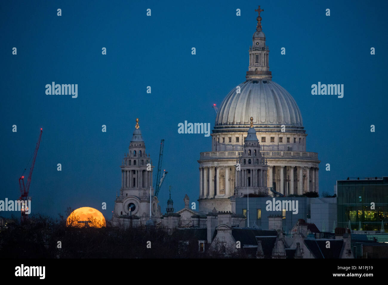 Die Supermoon, Blue Moon und Blut Mond, erhebt sich über St Pauls Cathedral und die Innenstadt von London. Diese drei Arten zum ersten Mal seit 1866 zusammen. Stockfoto