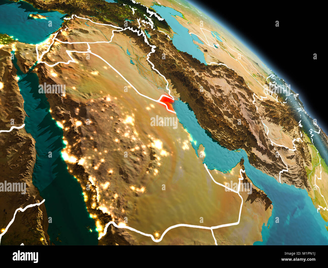 Am frühen Morgen Ansicht von Kuwait in Rot hervorgehoben auf dem Planeten Erde mit sichtbaren Grenzen und die Lichter der Stadt. 3D-Darstellung. Elemente dieses Bild Fell Stockfoto
