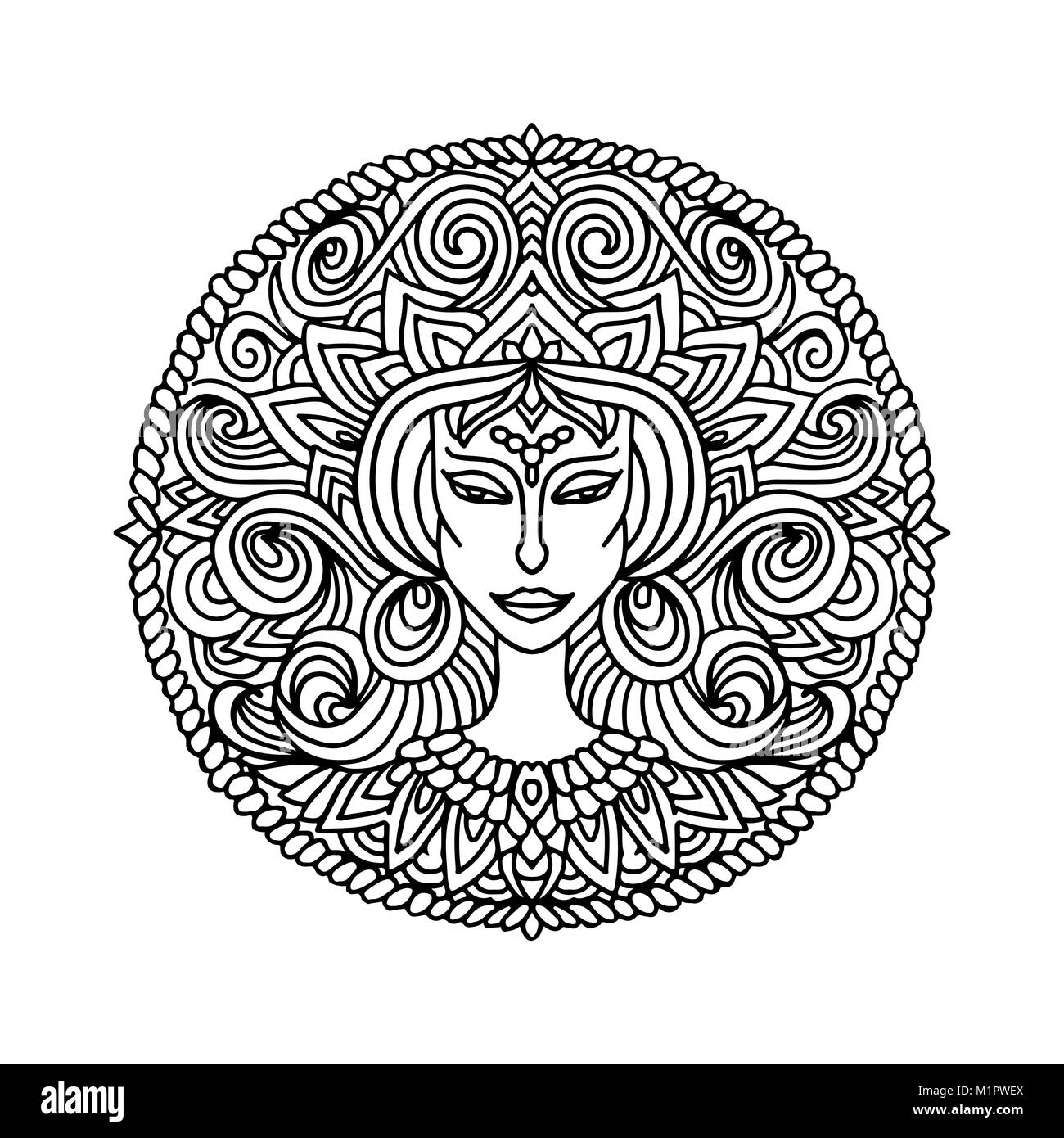 Abstrakte mandala Ornament. Asiatische Muster mit Frau Gesicht Porträt. Schwarze und weiße authentischen Hintergrund. Vector Illustration. Stock Vektor