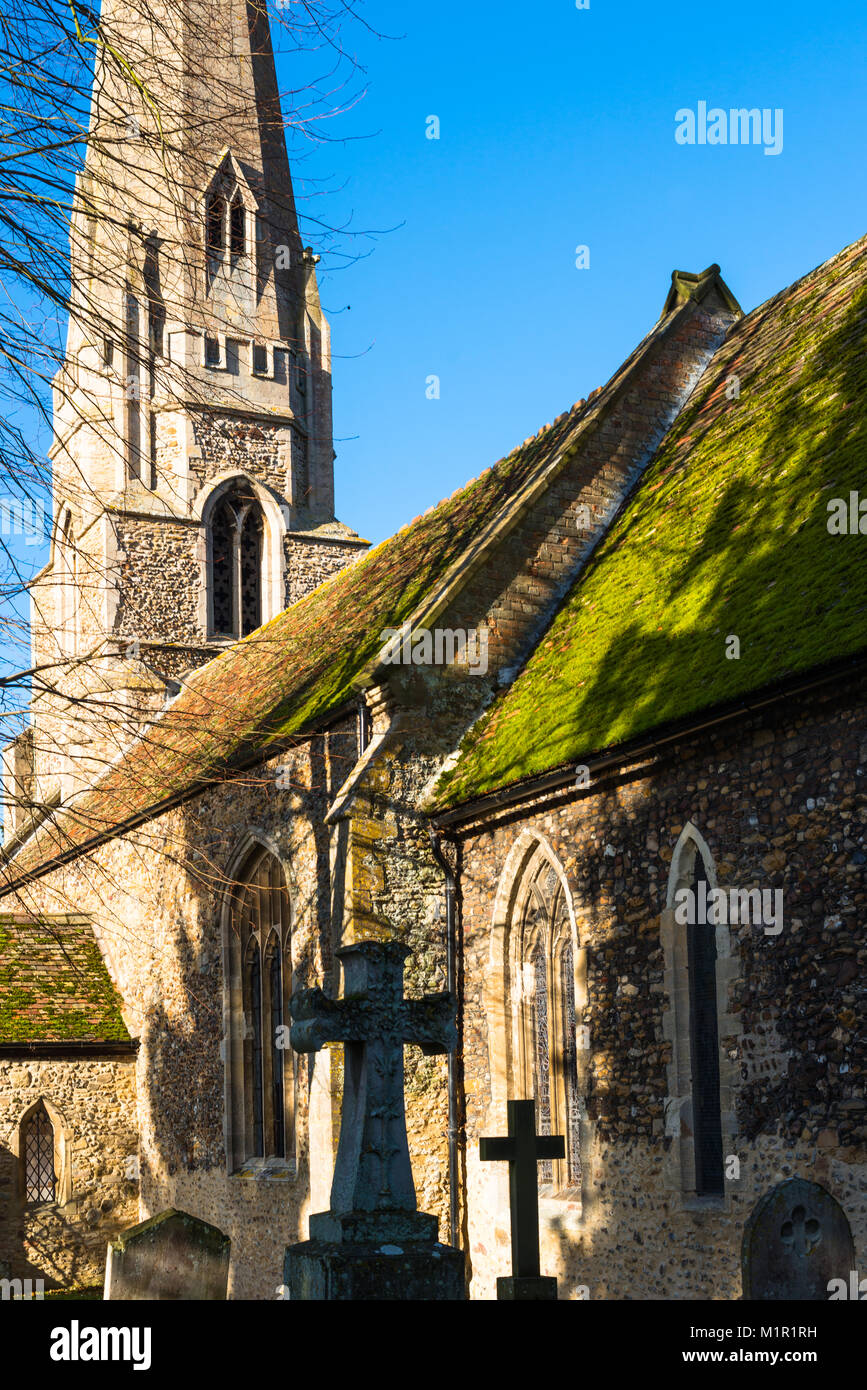 Saint Mary's Houghton mit wyton Kirche mit ihren grünen Moos bedeckte Dach auf Mühle St., Houghton, Cambridgeshire, England, UK. Stockfoto