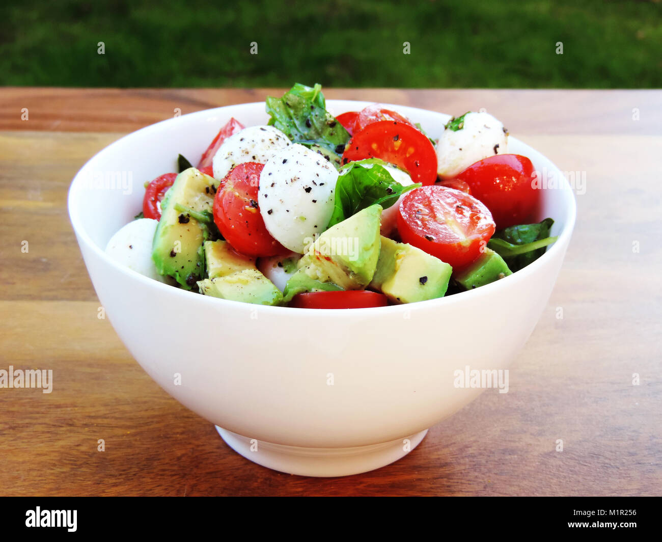 Frischer Salat oder Italienischer Salat in einer weißen Schüssel. Avocado, Cherry Tomaten und Mozzarella Salat mit frischem Basilikum. Nahaufnahme. Gourmet Salat. Stockfoto
