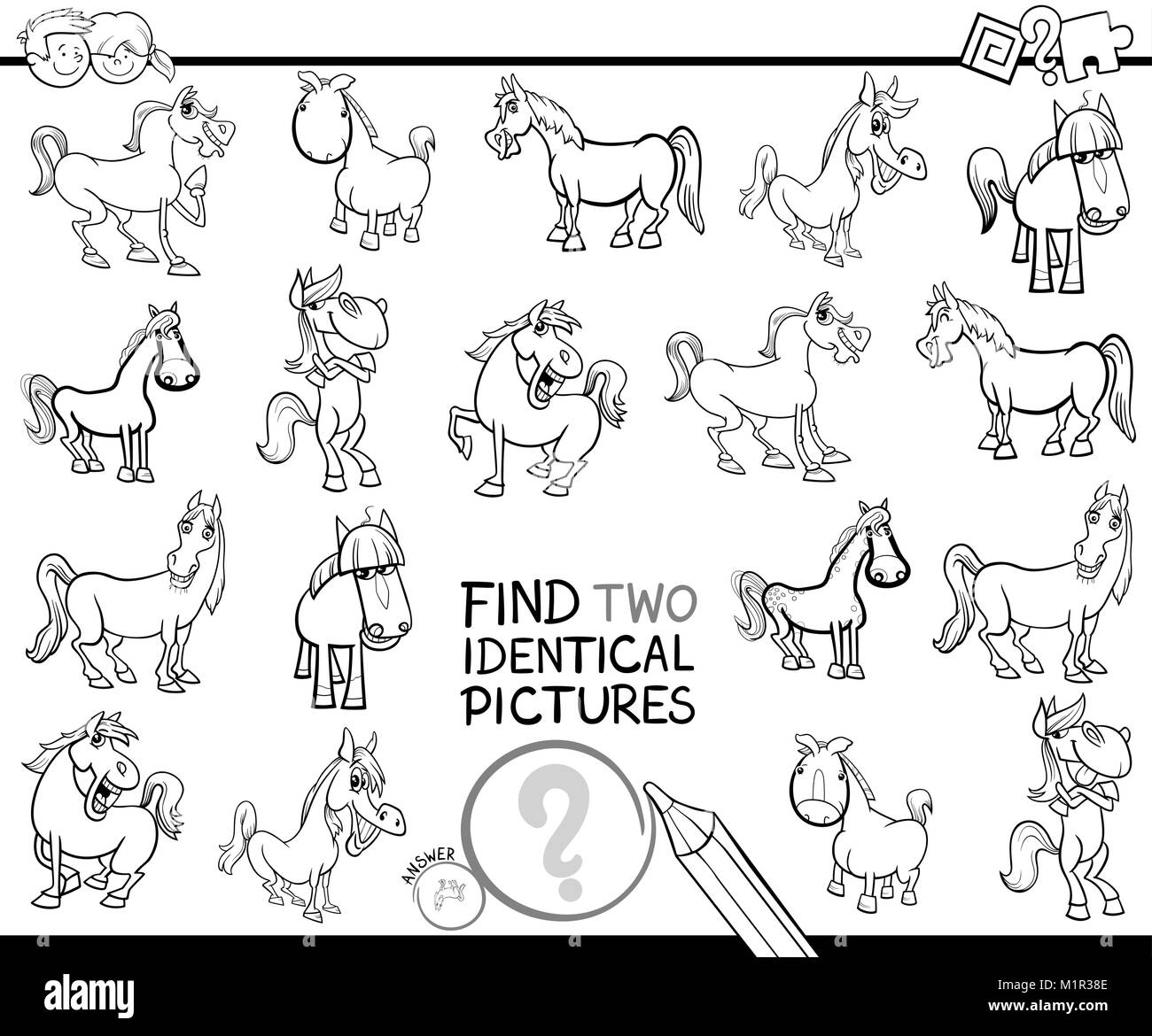 Schwarze und Weiße Cartoon Illustration, zwei identische Bilder pädagogische Tätigkeit Spiel für Kinder mit Pferden Farm Animal Zeichen Farbe Stock Vektor