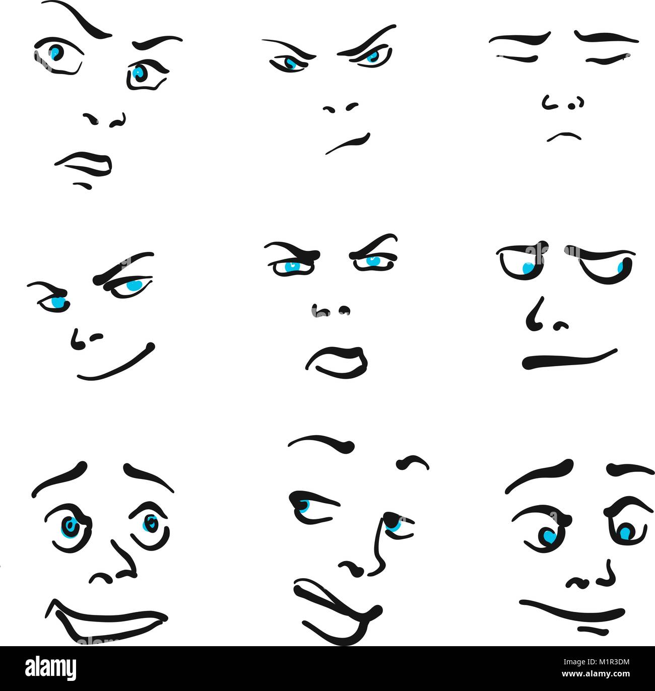 Neun beeindruckende Emoticon Symbole, hand Mimik auf weißem Hintergrund dargestellt. Vektorgrafiken Illustrationen. Stock Vektor