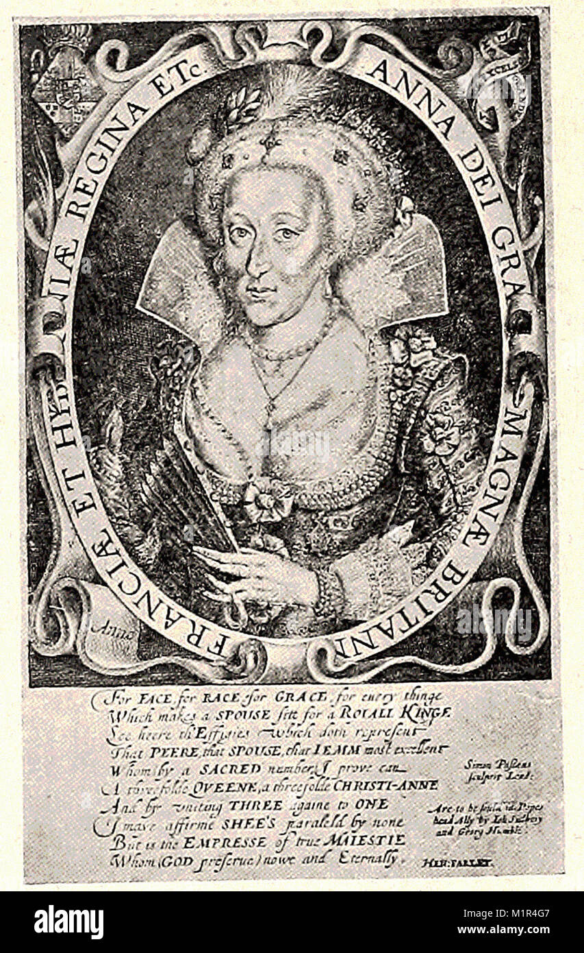 Portrait von Anne VON DÄNEMARK - Britische Gravur des 17. Jahrhunderts Stockfoto