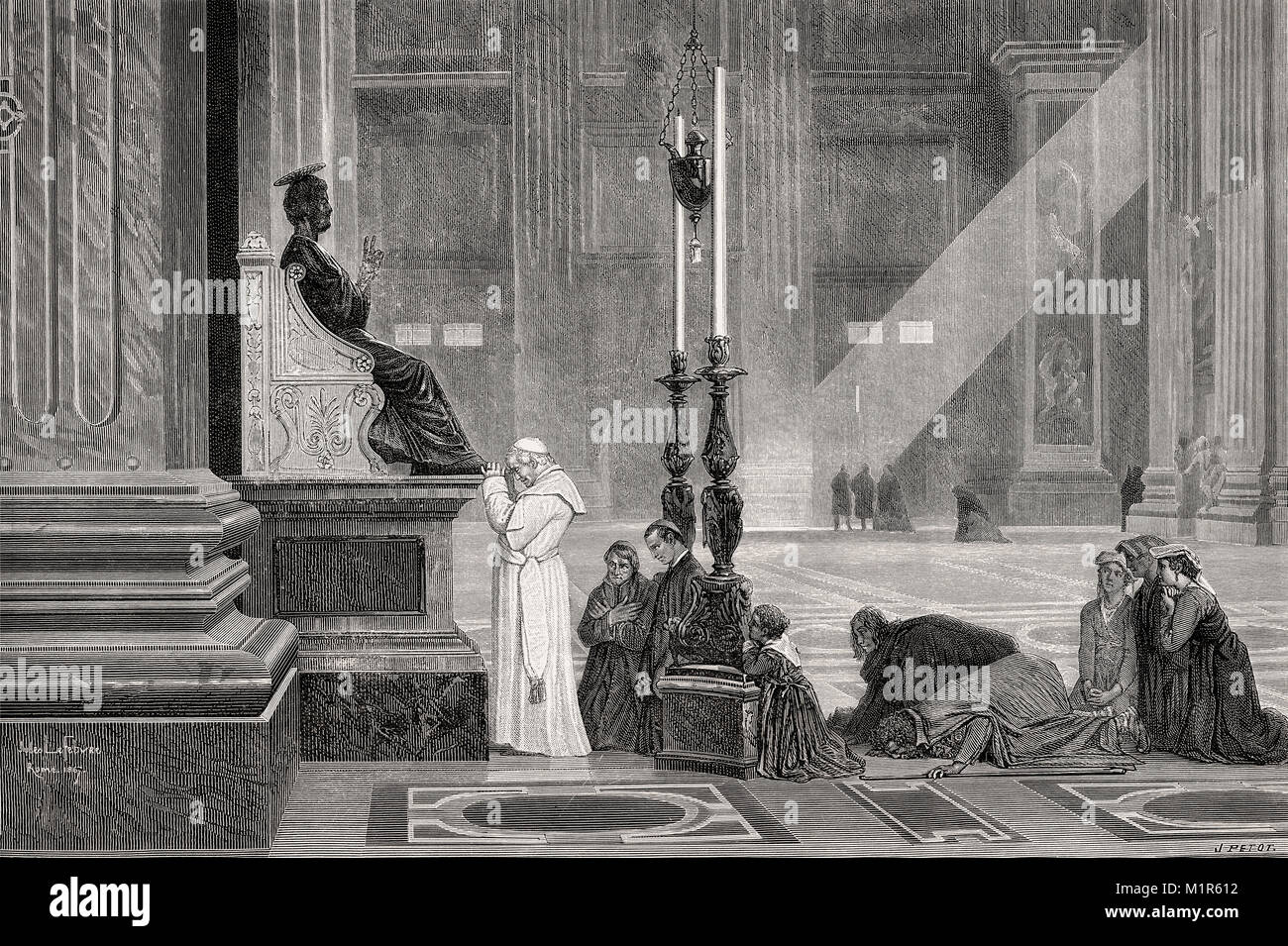 Papst Pius IX. an der Bronzestatue des heiligen Petrus, St. Peter's Basilica, Vatican, Rom, Italien, 19. Jahrhundert Stockfoto
