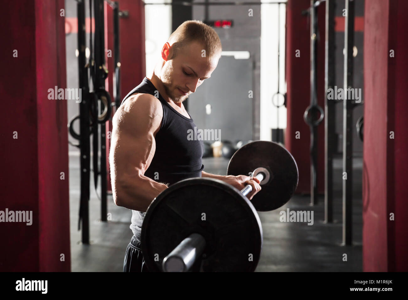 Junger Mann mit perfekten Körper anheben Barbell im Fitnessstudio Stockfoto