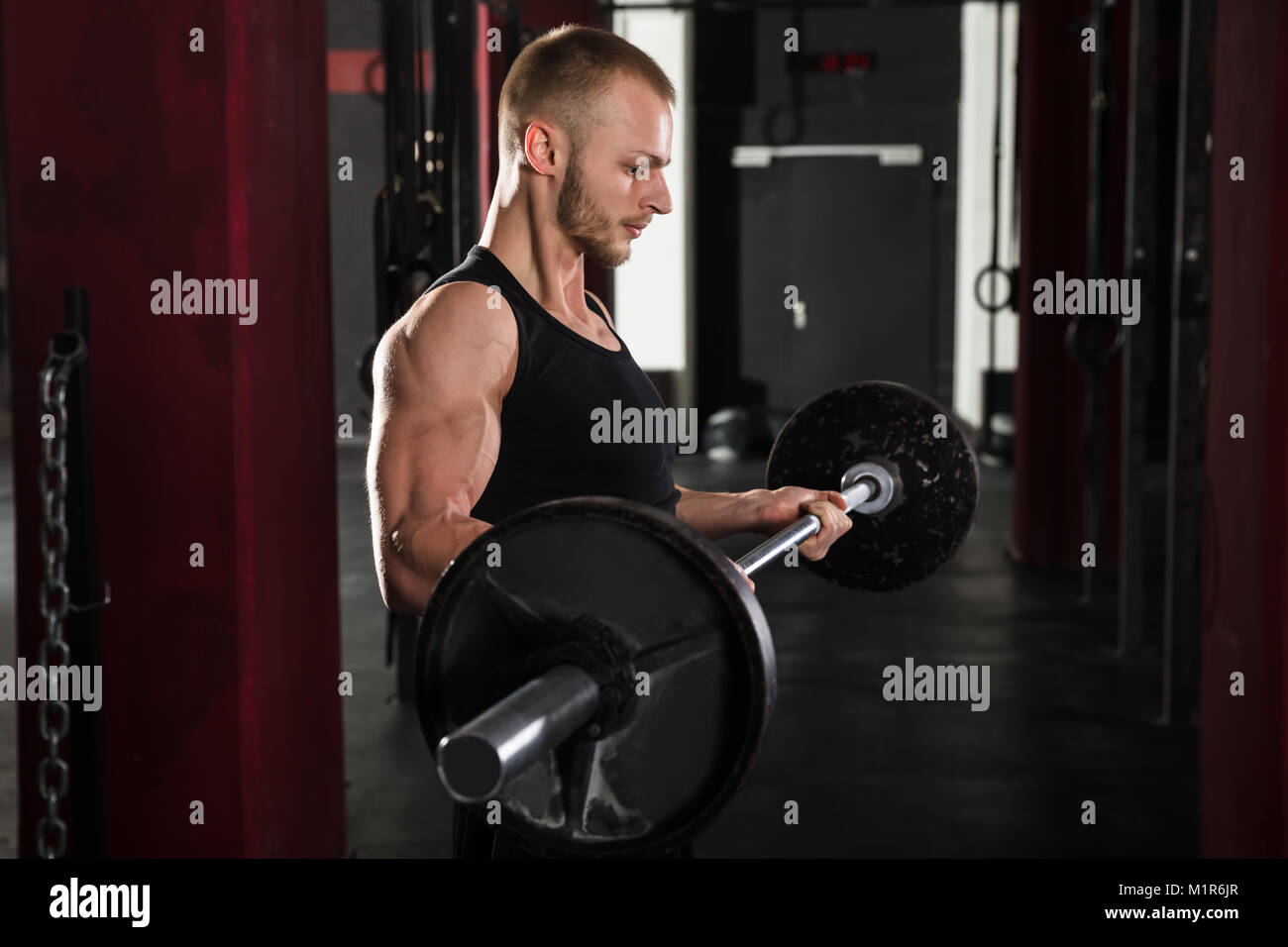 Junger Mann mit perfekten Körper anheben Barbell im Fitnessstudio Stockfoto