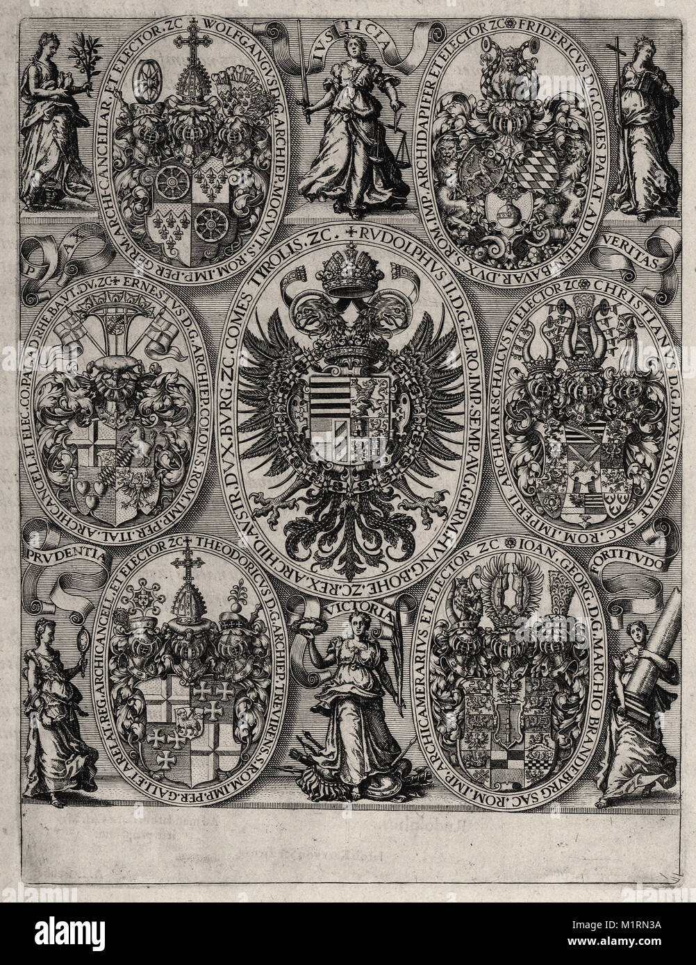 Theodor de Bry - Wappen der sieben Wahlkreise in Deutschland, einschliesslich des Heiligen Römischen Kaiser Rudolph II. und die sechs Tugenden Stockfoto