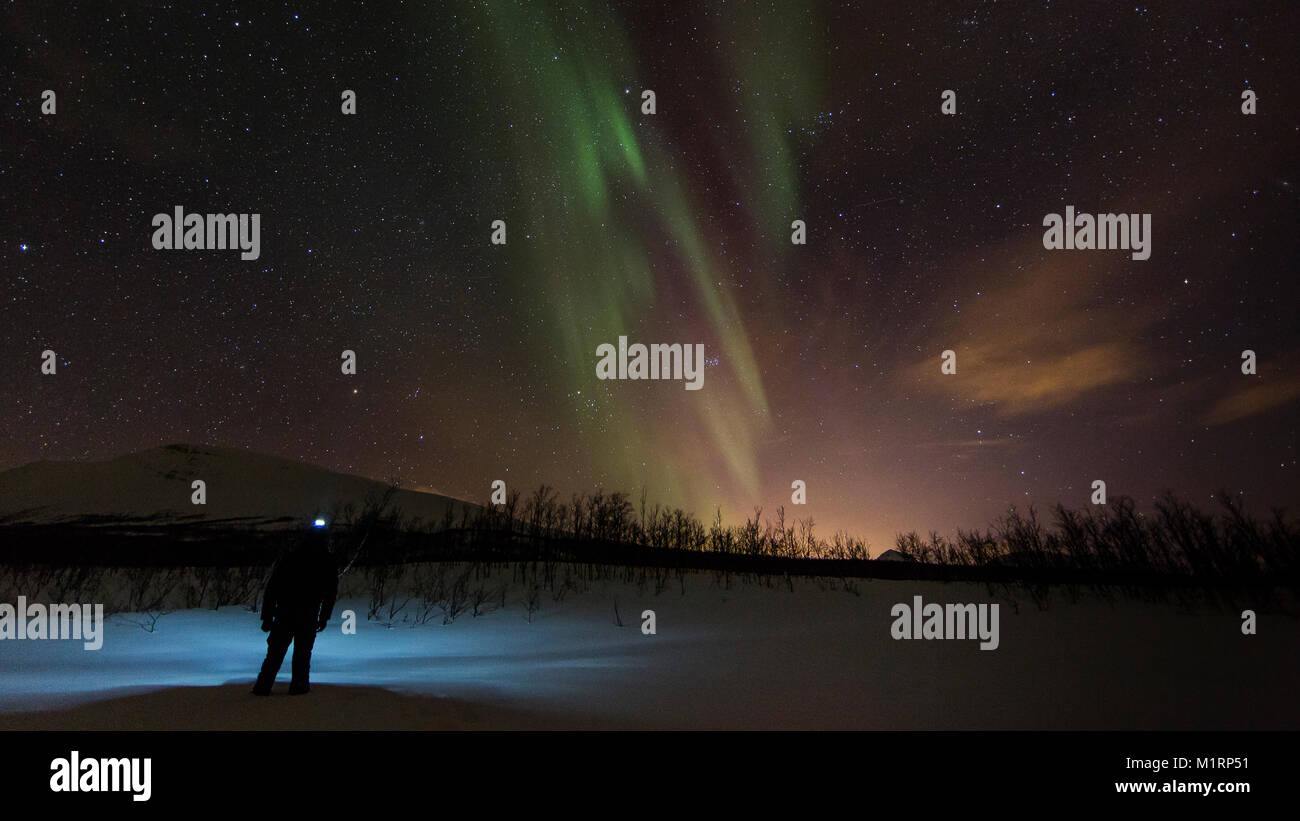 Tromsø, Norwegen. Leigh Emmerson unter Nordlicht anzeigen. Stockfoto