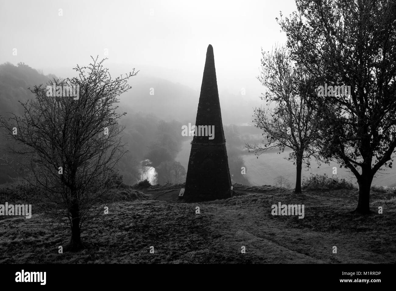 Schwarz/Weiß-Bild der Schlacht von Trafalgar Denkmal auf einem nebligen Morgen. Castle Hill, Great Torrington, Devon, England. Stockfoto