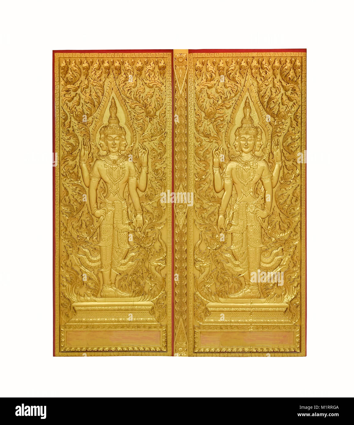 Golden Malerei auf Holz der Göttin auf dem Thailändischen öffentlichen Tempel auf weißem Hintergrund Stockfoto