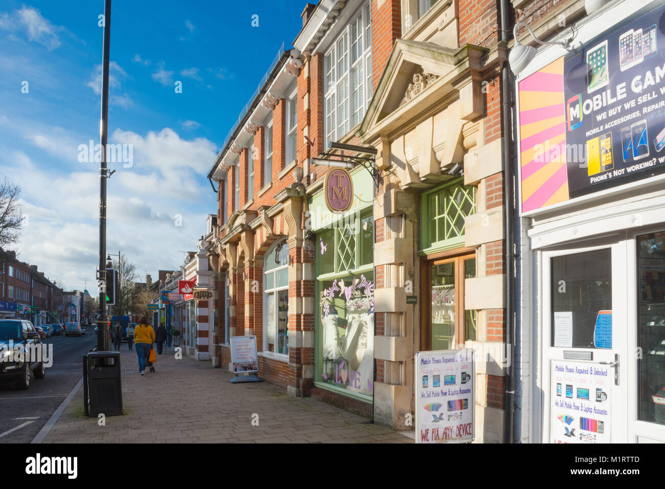 Geschäfte im Stadtzentrum, Flotte Flotte Straße, Fleet, Hampshire, Großbritannien Stockfoto