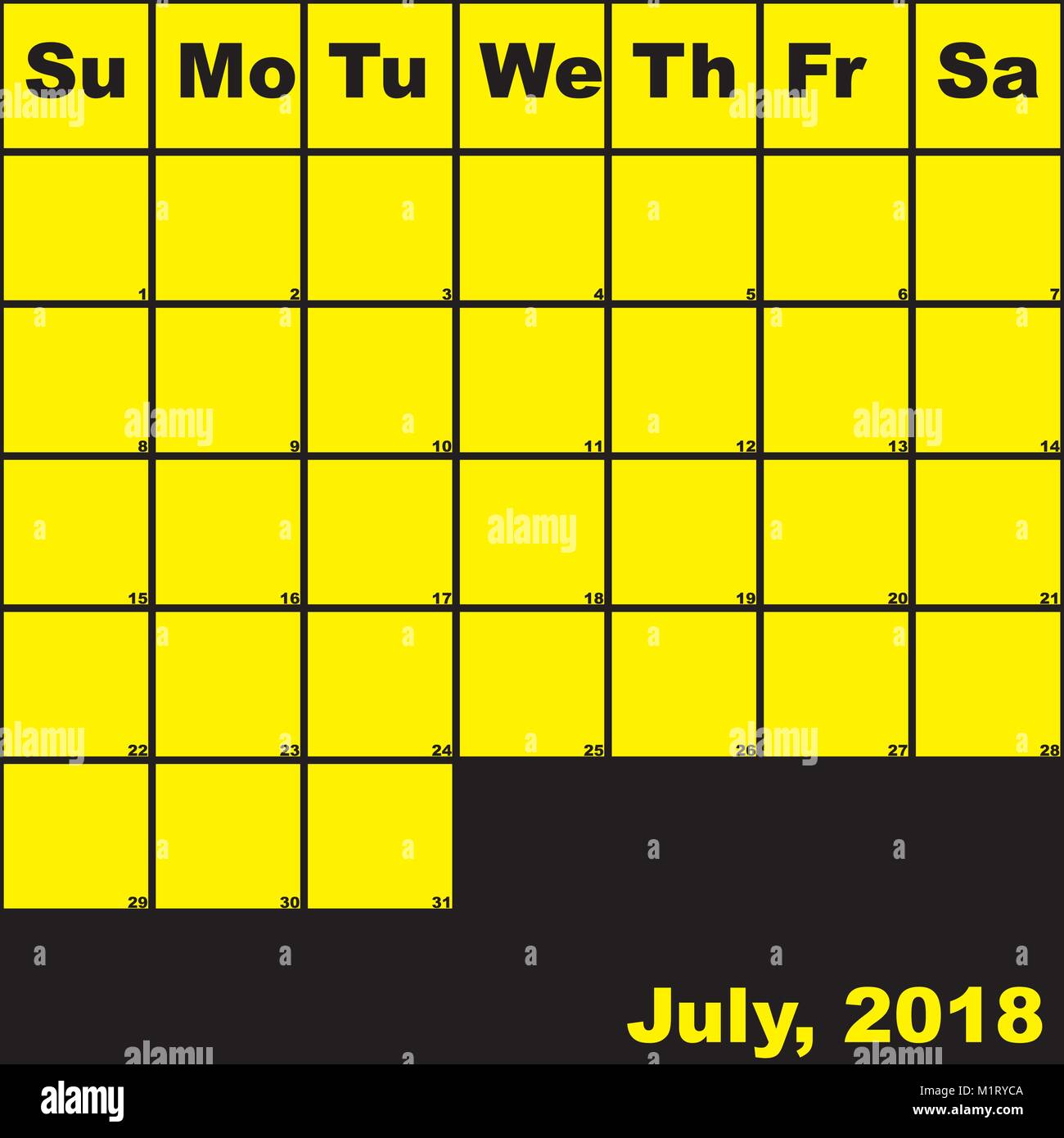 2018 Juli gelb auf schwarz Planer Kalender mit viel Platz für Notizen Stock Vektor