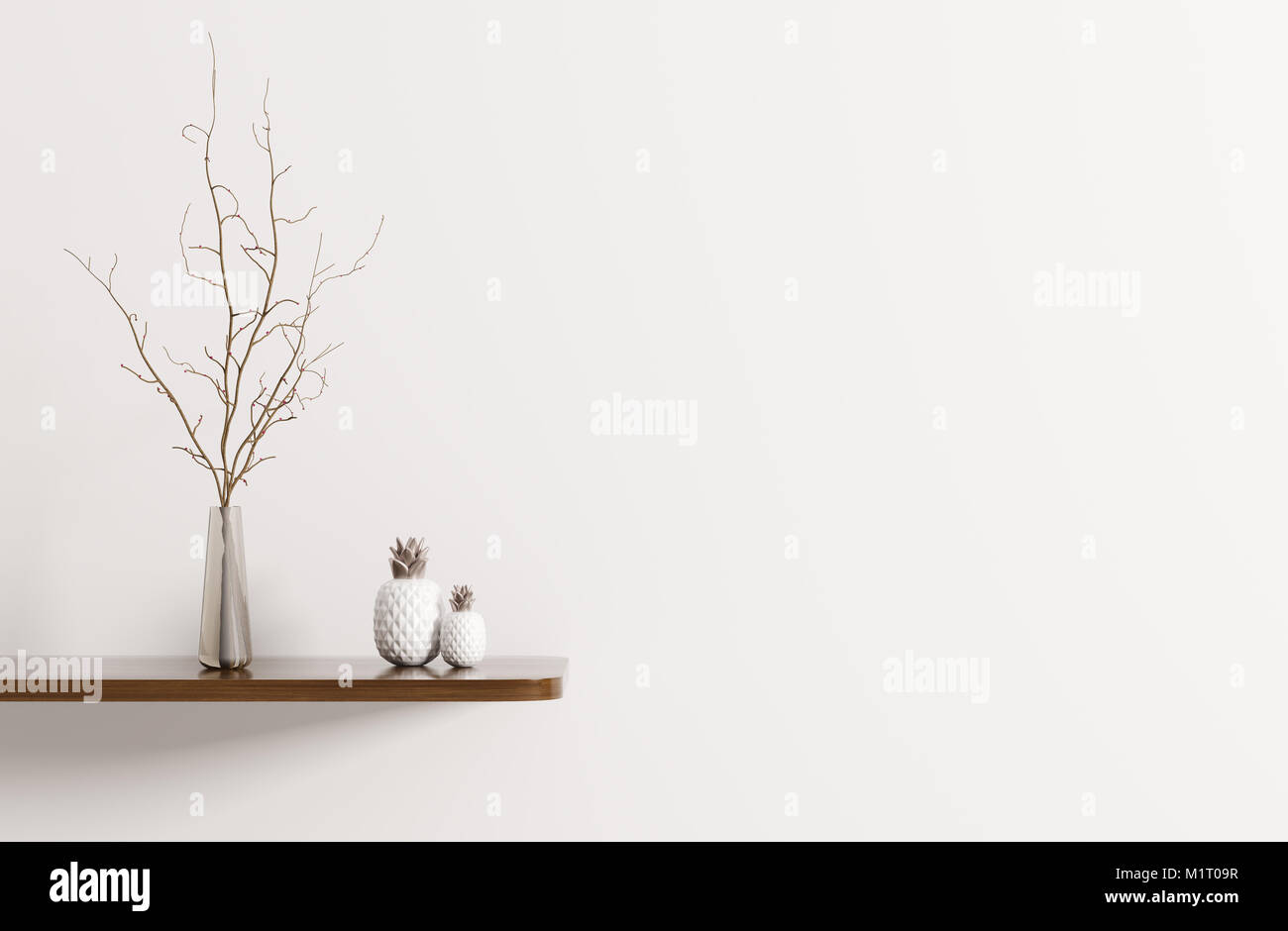 Wand Dekoration, Holzregal mit branchin Vase, inneren Hintergrund, 3D-Rendering Stockfoto