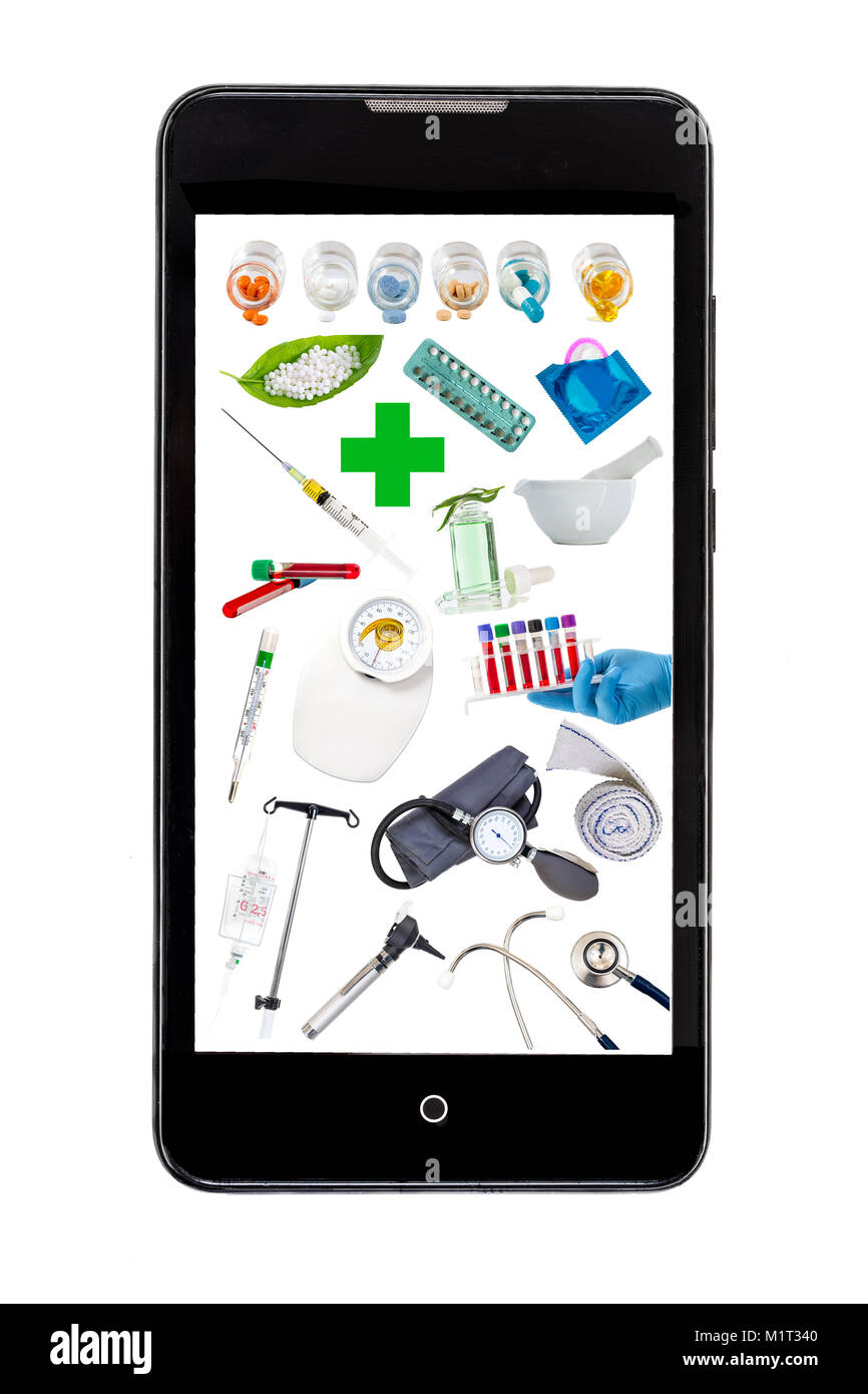 Mobile Bildschirm repräsentieren Konzept des E-Rezept E-Arzt app. Auf der Linie Arzneimittel, Material und Medizin. Medizinische Anwendung Konzept auf weißem Hintergrund Stockfoto